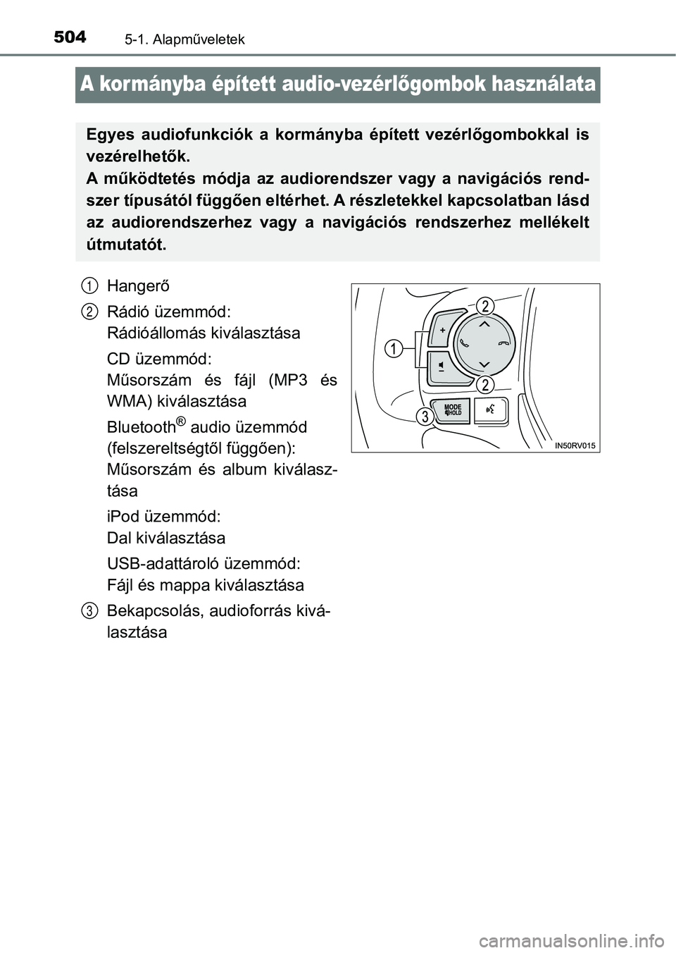 TOYOTA RAV4 2017 Kezelési útmutató (in Hungarian) 5045-1. Alapműveletek
A kor mányba épített audio-vezérlőgombok használata
Hangerő
Rádió üzemmód:
Rádióállomás kiválasztása
CD üzemmód:
Műsorszám és fájl (MP3 és
WMA) kivá TOYOTA RAV4 2017 Kezelési útmutató (in Hungarian) 5045-1. Alapműveletek
A kor mányba épített audio-vezérlőgombok használata
Hangerő
Rádió üzemmód:
Rádióállomás kiválasztása
CD üzemmód:
Műsorszám és fájl (MP3 és
WMA) kivá