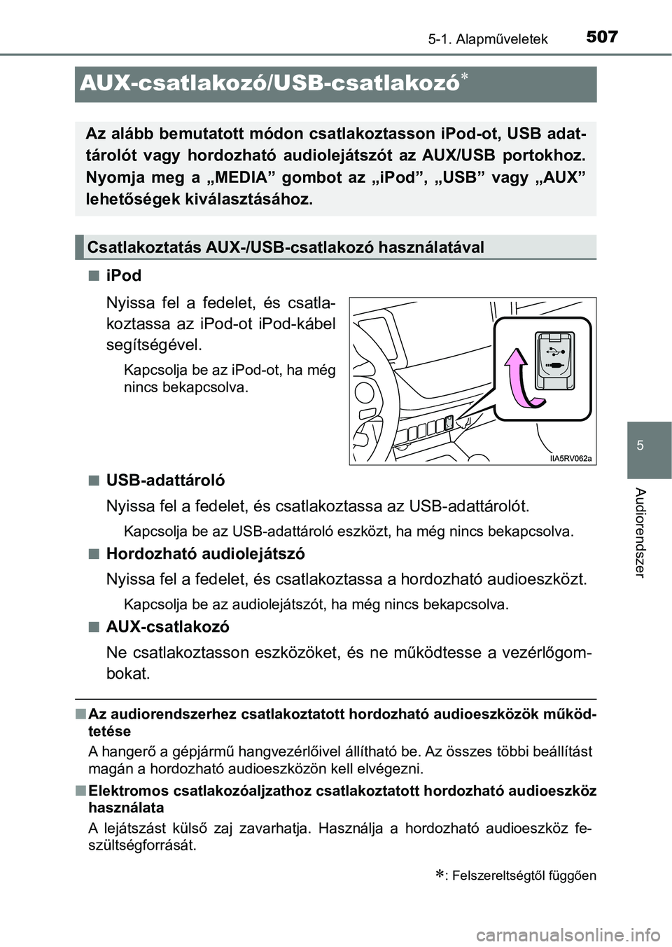 TOYOTA RAV4 2017 Kezelési útmutató (in Hungarian) 507
5
5-1. Alapműveletek
Audiorendszer
AUX-csatlakozó/USB-csatlakozó
niPod
Nyissa fel a fedelet, és csatla-
koztassa az iPod-ot iPod-kábel
segítségével.
Kapcsolja be az iPod-ot, ha TOYOTA RAV4 2017 Kezelési útmutató (in Hungarian) 507
5
5-1. Alapműveletek
Audiorendszer
AUX-csatlakozó/USB-csatlakozó
niPod
Nyissa fel a fedelet, és csatla-
koztassa az iPod-ot iPod-kábel
segítségével.
Kapcsolja be az iPod-ot, ha