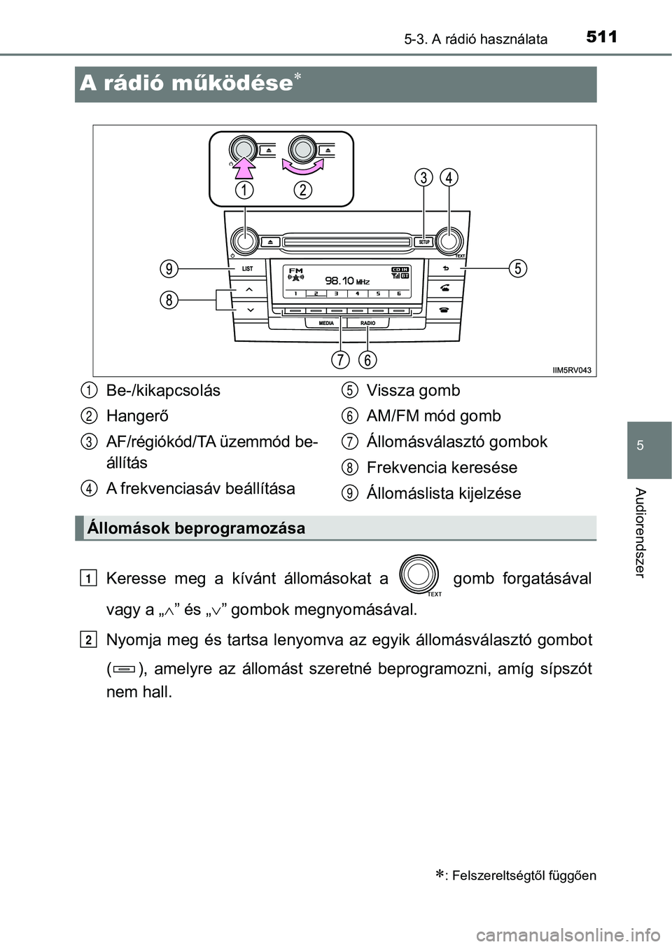 TOYOTA RAV4 2017 Kezelési útmutató (in Hungarian) 511
5
5-3. A rádió használata
Audiorendszer
A rádió működése
Keresse meg a kívánt állomásokat a gomb forgatásával
vagy a „ ” és „ ” gombok megnyomásával.
Nyo TOYOTA RAV4 2017 Kezelési útmutató (in Hungarian) 511
5
5-3. A rádió használata
Audiorendszer
A rádió működése
Keresse meg a kívánt állomásokat a gomb forgatásával
vagy a „ ” és „ ” gombok megnyomásával.
Nyo