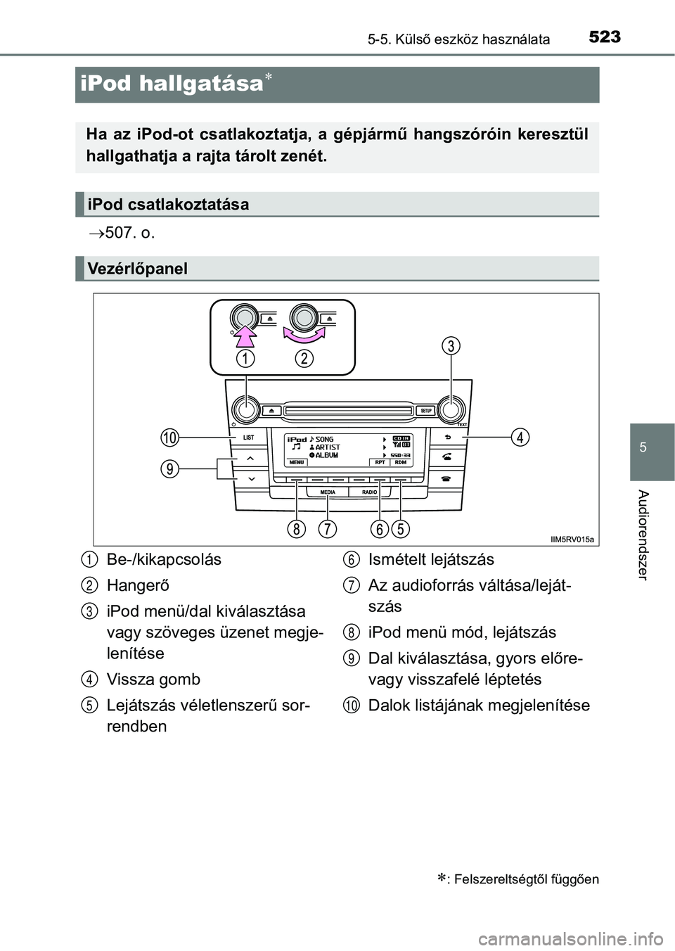 TOYOTA RAV4 2017 Kezelési útmutató (in Hungarian) 523
5
5-5. Külső eszköz használata
Audiorendszer
iPod hallgatása
507. o.
: Felszereltségtől függően
Ha az iPod-ot csatlakoztatja, a gépjármű hangszóróin keresztül
hallga TOYOTA RAV4 2017 Kezelési útmutató (in Hungarian) 523
5
5-5. Külső eszköz használata
Audiorendszer
iPod hallgatása
507. o.
: Felszereltségtől függően
Ha az iPod-ot csatlakoztatja, a gépjármű hangszóróin keresztül
hallga