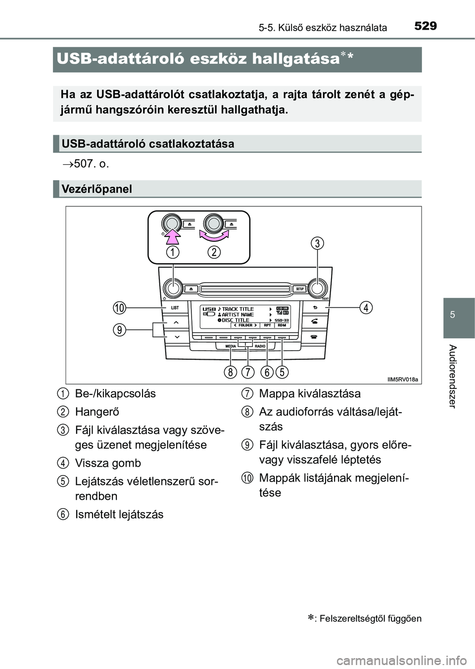 TOYOTA RAV4 2017 Kezelési útmutató (in Hungarian) 529
5
5-5. Külső eszköz használata
Audiorendszer
USB-adattároló eszköz hallgatása*
507. o.
: Felszereltségtől függően
Ha az USB-adattárolót csatlakoztatja, a rajta tárolt TOYOTA RAV4 2017 Kezelési útmutató (in Hungarian) 529
5
5-5. Külső eszköz használata
Audiorendszer
USB-adattároló eszköz hallgatása*
507. o.
: Felszereltségtől függően
Ha az USB-adattárolót csatlakoztatja, a rajta tárolt