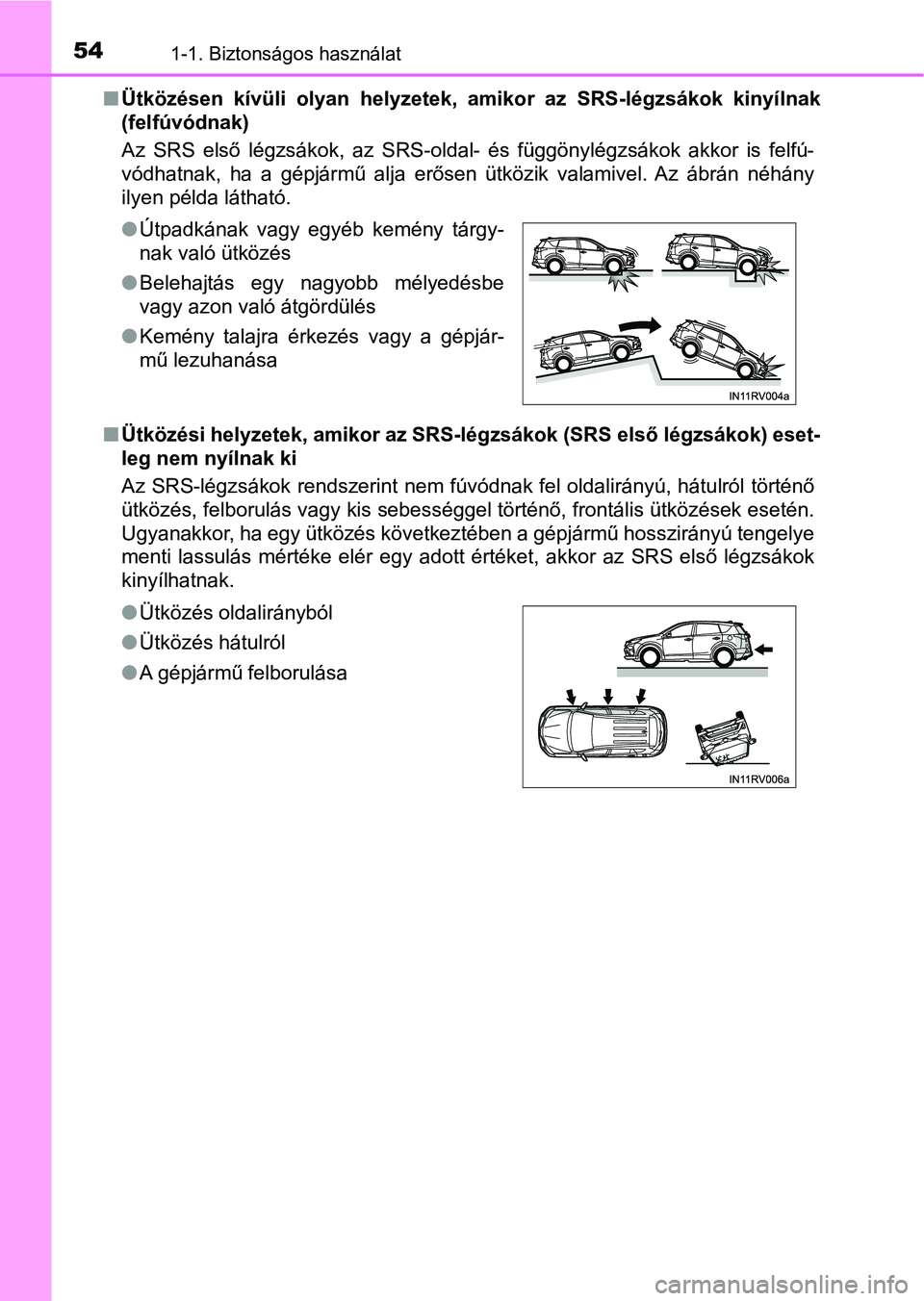 TOYOTA RAV4 2017 Kezelési útmutató (in Hungarian) 541-1. Biztonságos használat
nÜtközésen kívüli olyan helyzetek, amikor az SRS-légzsákok kinyí lnak
(felfúvódnak)
Az SRS első légzsákok, az SRS-oldal- és függönylégzs TOYOTA RAV4 2017 Kezelési útmutató (in Hungarian) 541-1. Biztonságos használat
nÜtközésen kívüli olyan helyzetek, amikor az SRS-légzsákok kinyí lnak
(felfúvódnak)
Az SRS első légzsákok, az SRS-oldal- és függönylégzs