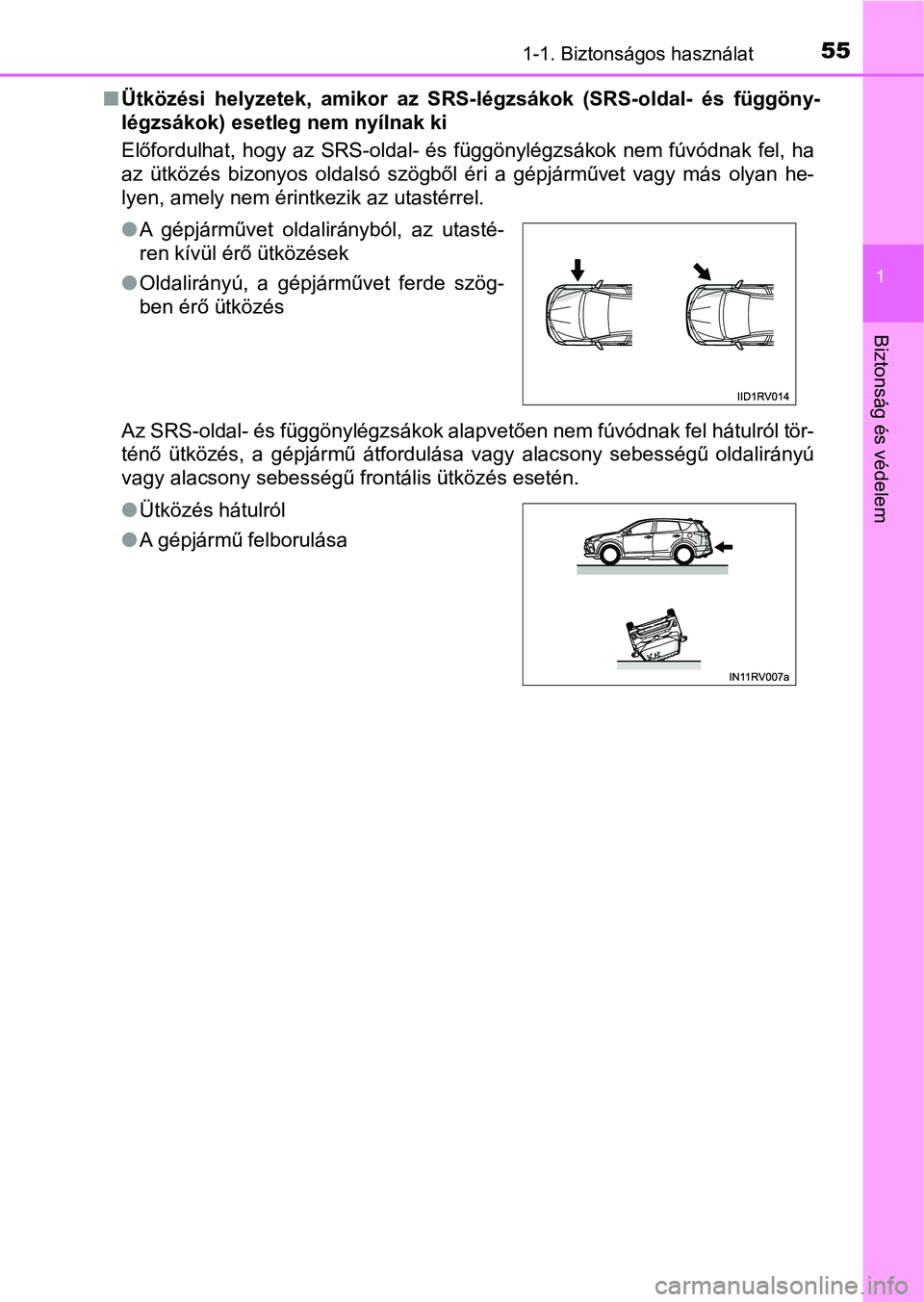 TOYOTA RAV4 2017 Kezelési útmutató (in Hungarian) 551-1. Biztonságos használat
1
Biztonság és védelem
nÜtközési helyzetek, amikor az S RS-légzsákok (SRS-oldal- és függ öny-
légzsákok) esetleg nem nyílnak ki
Előfordulhat, hogy TOYOTA RAV4 2017 Kezelési útmutató (in Hungarian) 551-1. Biztonságos használat
1
Biztonság és védelem
nÜtközési helyzetek, amikor az S RS-légzsákok (SRS-oldal- és függ öny-
légzsákok) esetleg nem nyílnak ki
Előfordulhat, hogy
