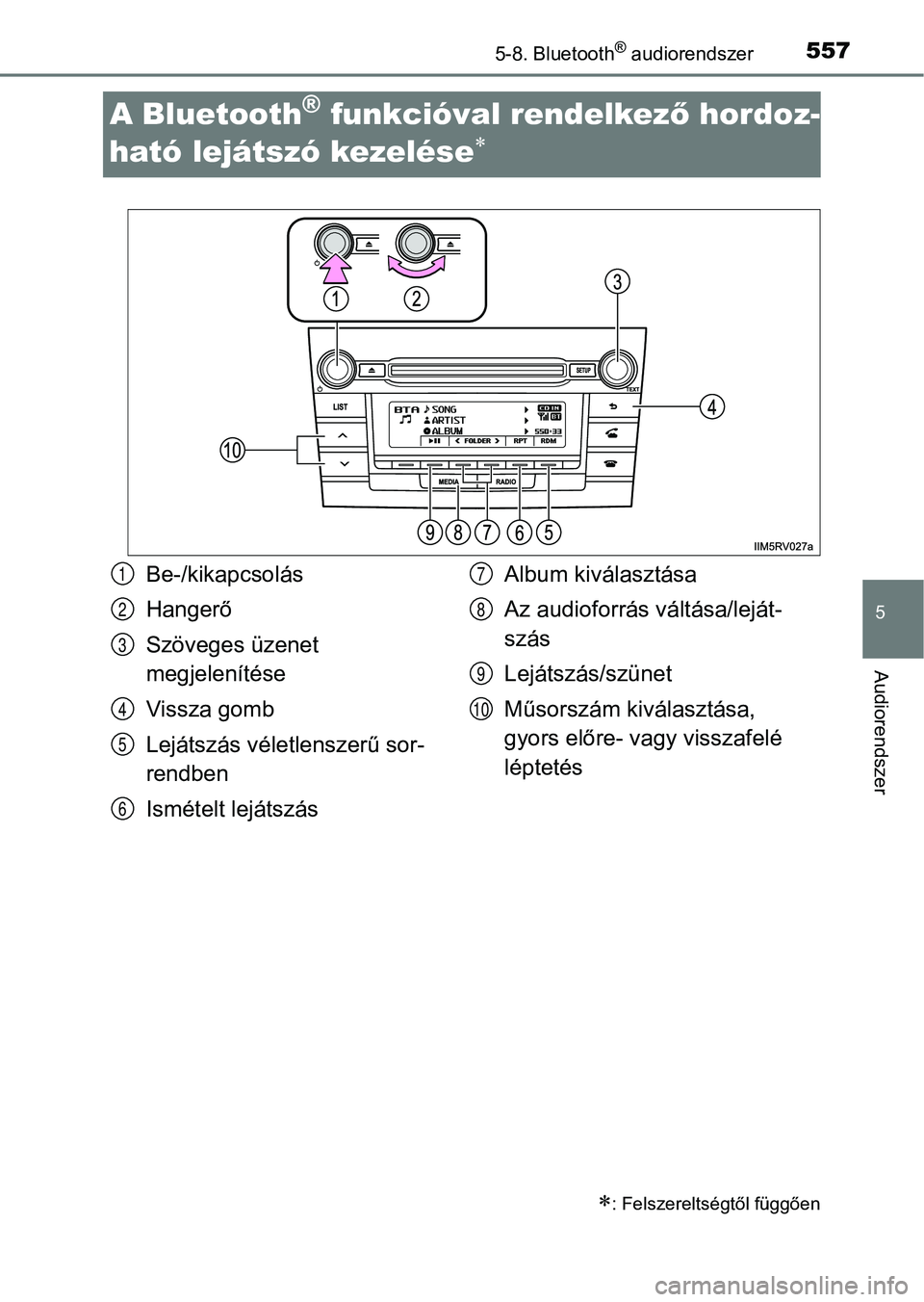 TOYOTA RAV4 2017  Kezelési útmutató (in Hungarian) 557
5
5-8. Bluetooth® audiorendszer
Audiorendszer
A Bluetooth® funkcióval rendelkező hordoz-
ható lejátszó kezelése

: Felszereltségtől függően
Be-/kikapcsolás
Hangerő
Szöveges ü