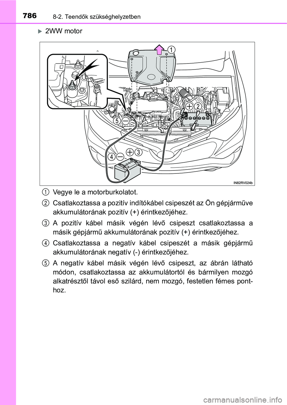 TOYOTA RAV4 2017  Kezelési útmutató (in Hungarian) 7868-2. Teendők szükséghelyzetben
2WW motorVegye le a motorburkolatot.
Csatlakoztassa a pozit ív indítókábel csipeszét az Ön gépjárműve
akkumulátorának pozitív (+) érintkezőjéhez.
