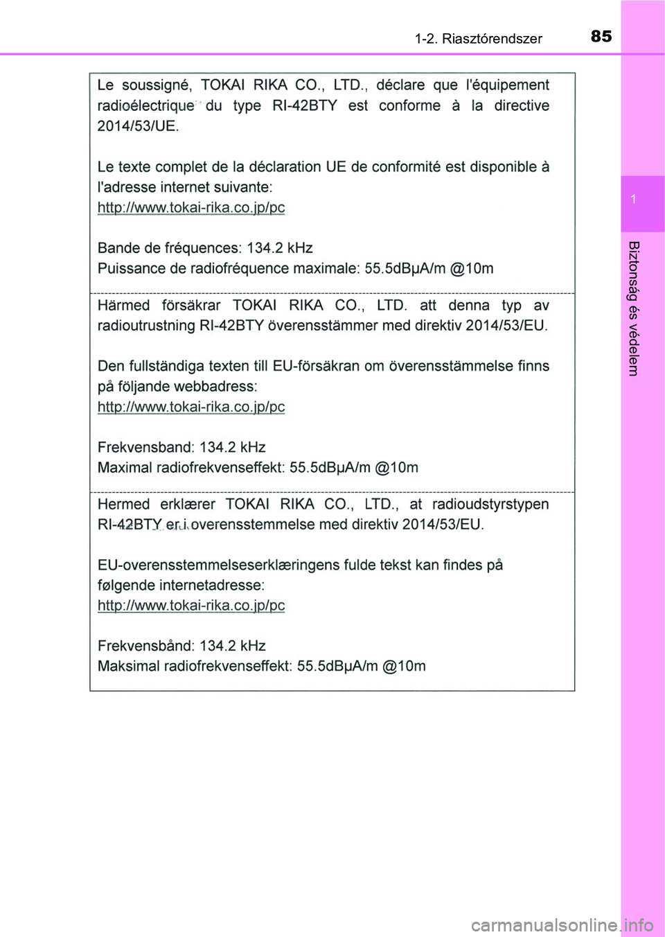 TOYOTA RAV4 2017  Kezelési útmutató (in Hungarian) 851-2. Riasztórendszer
1
Biztonság és védelem 