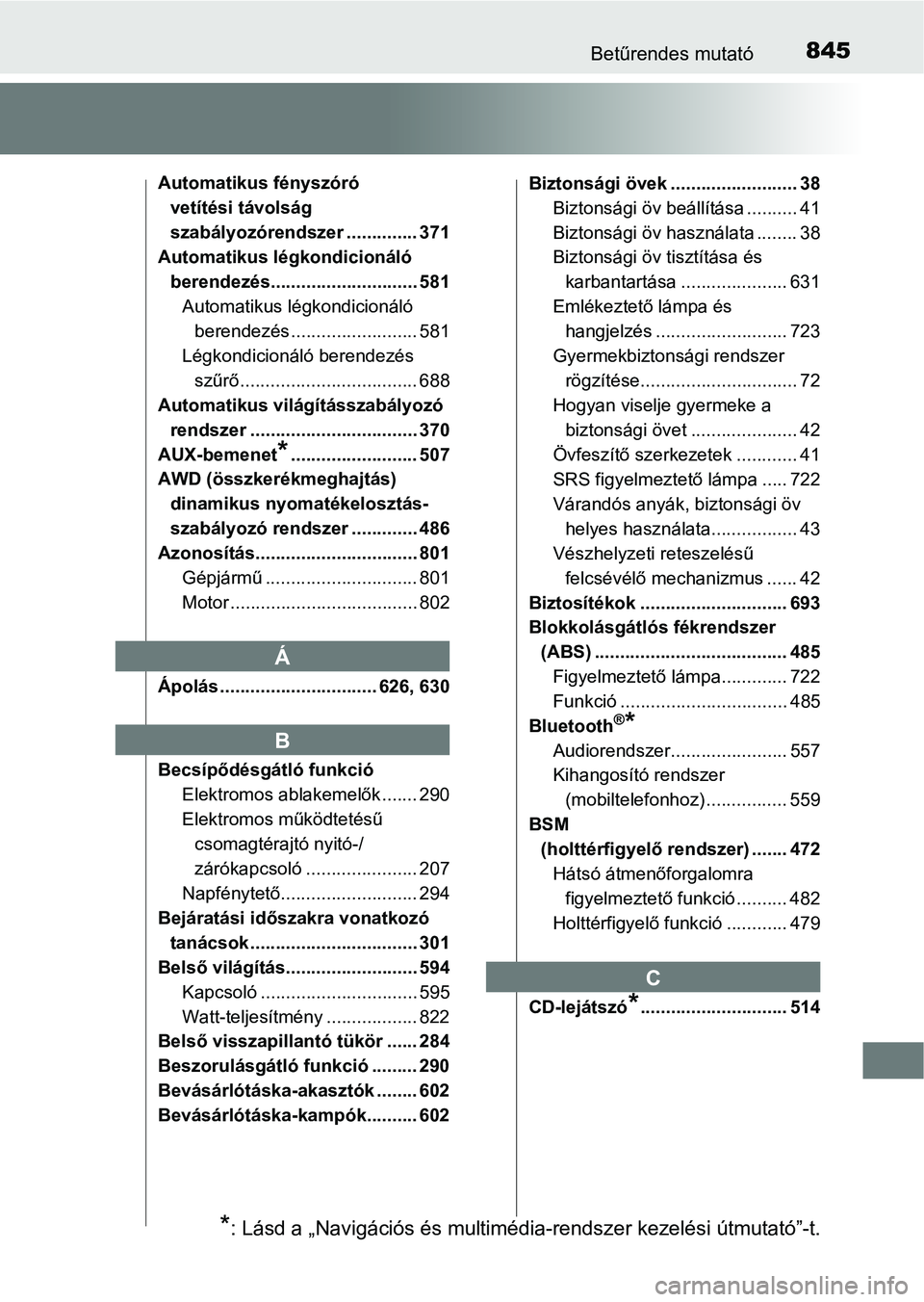 TOYOTA RAV4 2017 Kezelési útmutató (in Hungarian) 845Betűrendes mutató
Automatikus fényszóró vetítési távolság
szabályozórendszer .............. 371
Automatikus légkondicionáló
berendezés............................. 581Automatikus l TOYOTA RAV4 2017 Kezelési útmutató (in Hungarian) 845Betűrendes mutató
Automatikus fényszóró vetítési távolság
szabályozórendszer .............. 371
Automatikus légkondicionáló
berendezés............................. 581Automatikus l