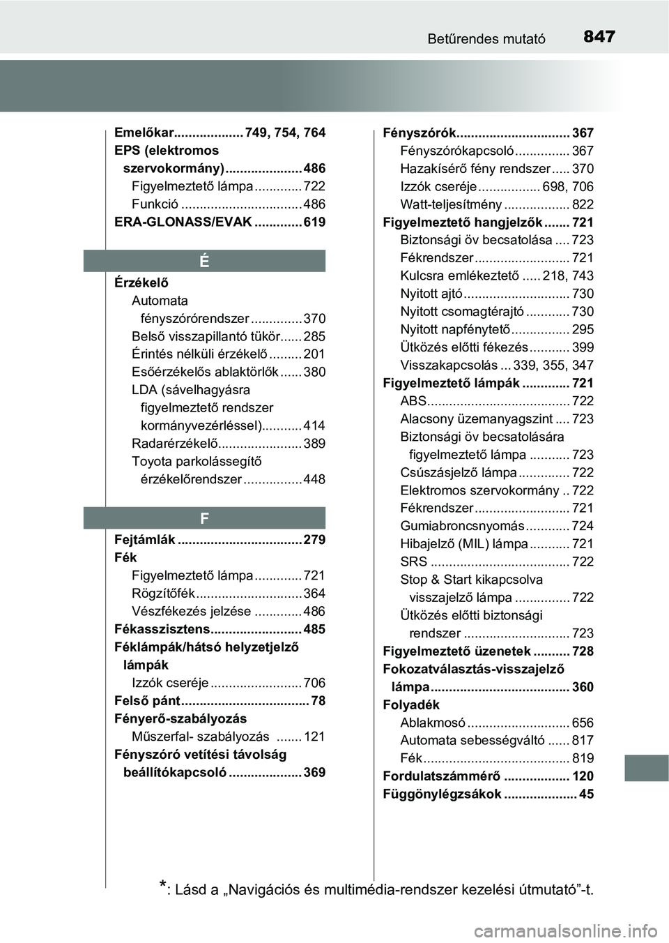 TOYOTA RAV4 2017 Kezelési útmutató (in Hungarian) 847Betűrendes mutató
Emelőkar................... 749, 754, 764
EPS (elektromos szervokormány) ..................... 486Figyelmeztető lámpa ............. 722
Funkció ............................ TOYOTA RAV4 2017 Kezelési útmutató (in Hungarian) 847Betűrendes mutató
Emelőkar................... 749, 754, 764
EPS (elektromos szervokormány) ..................... 486Figyelmeztető lámpa ............. 722
Funkció ............................