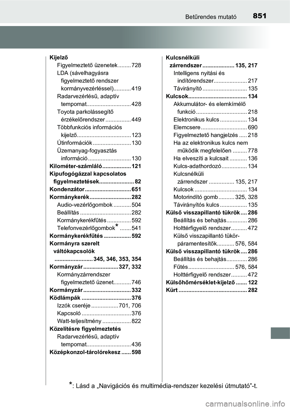 TOYOTA RAV4 2017 Kezelési útmutató (in Hungarian) 851Betűrendes mutató
KijelzőFigyelmeztető üzenetek ........ 728
LDA (sávelhagyásra figyelmeztető rendszer
kormányvezérléssel)........... 419
Radarvezérlésű, adaptív tempomat.......... TOYOTA RAV4 2017 Kezelési útmutató (in Hungarian) 851Betűrendes mutató
KijelzőFigyelmeztető üzenetek ........ 728
LDA (sávelhagyásra figyelmeztető rendszer
kormányvezérléssel)........... 419
Radarvezérlésű, adaptív tempomat..........