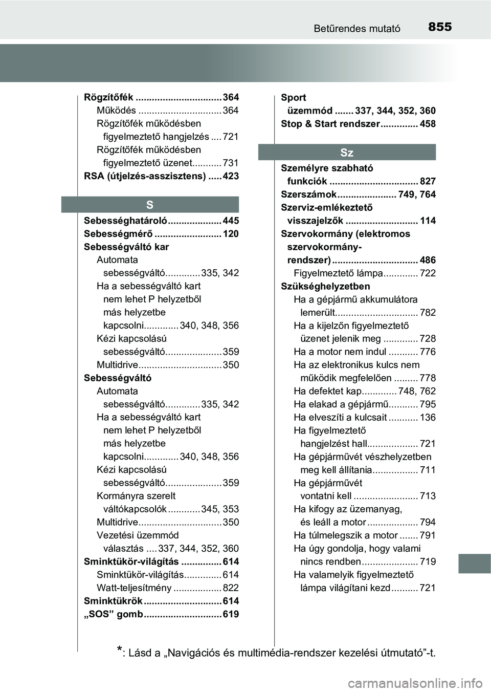 TOYOTA RAV4 2017 Kezelési útmutató (in Hungarian) 855Betűrendes mutató
Rögzítőfék ................................ 364Működés ............................... 364
Rögzítőfék működésben figyelmeztető hangjelzés .... 721
Rögzítőfék TOYOTA RAV4 2017 Kezelési útmutató (in Hungarian) 855Betűrendes mutató
Rögzítőfék ................................ 364Működés ............................... 364
Rögzítőfék működésben figyelmeztető hangjelzés .... 721
Rögzítőfék