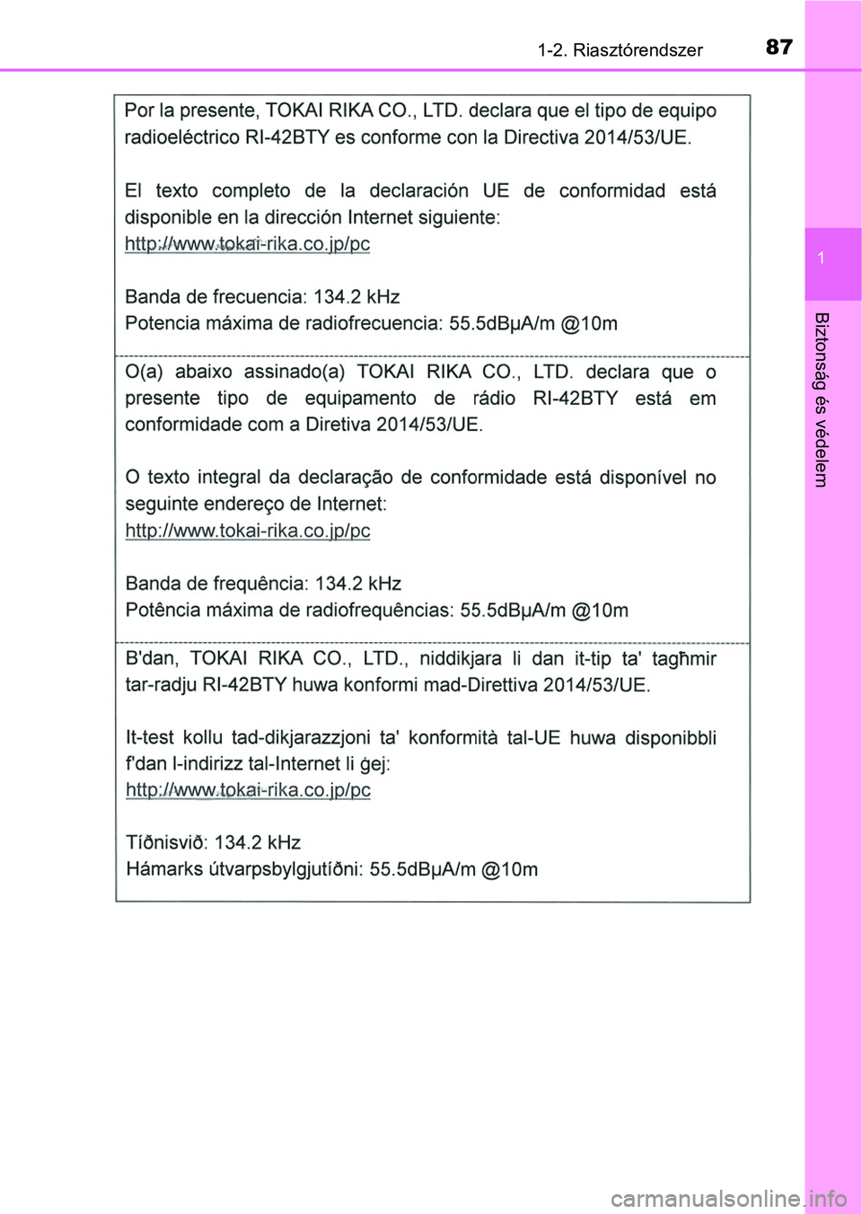 TOYOTA RAV4 2017  Kezelési útmutató (in Hungarian) 871-2. Riasztórendszer
1
Biztonság és védelem 