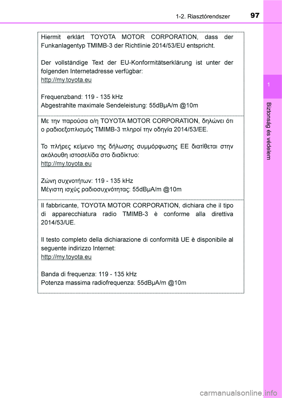 TOYOTA RAV4 2017 Kezelési útmutató (in Hungarian) 971-2. Riasztórendszer
1
Biztonság és védelem TOYOTA RAV4 2017 Kezelési útmutató (in Hungarian) 971-2. Riasztórendszer
1
Biztonság és védelem