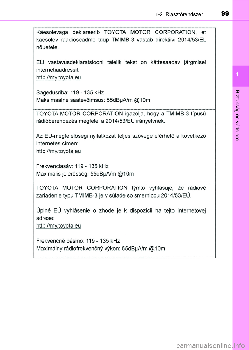 TOYOTA RAV4 2017 Kezelési útmutató (in Hungarian) 991-2. Riasztórendszer
1
Biztonság és védelem TOYOTA RAV4 2017 Kezelési útmutató (in Hungarian) 991-2. Riasztórendszer
1
Biztonság és védelem