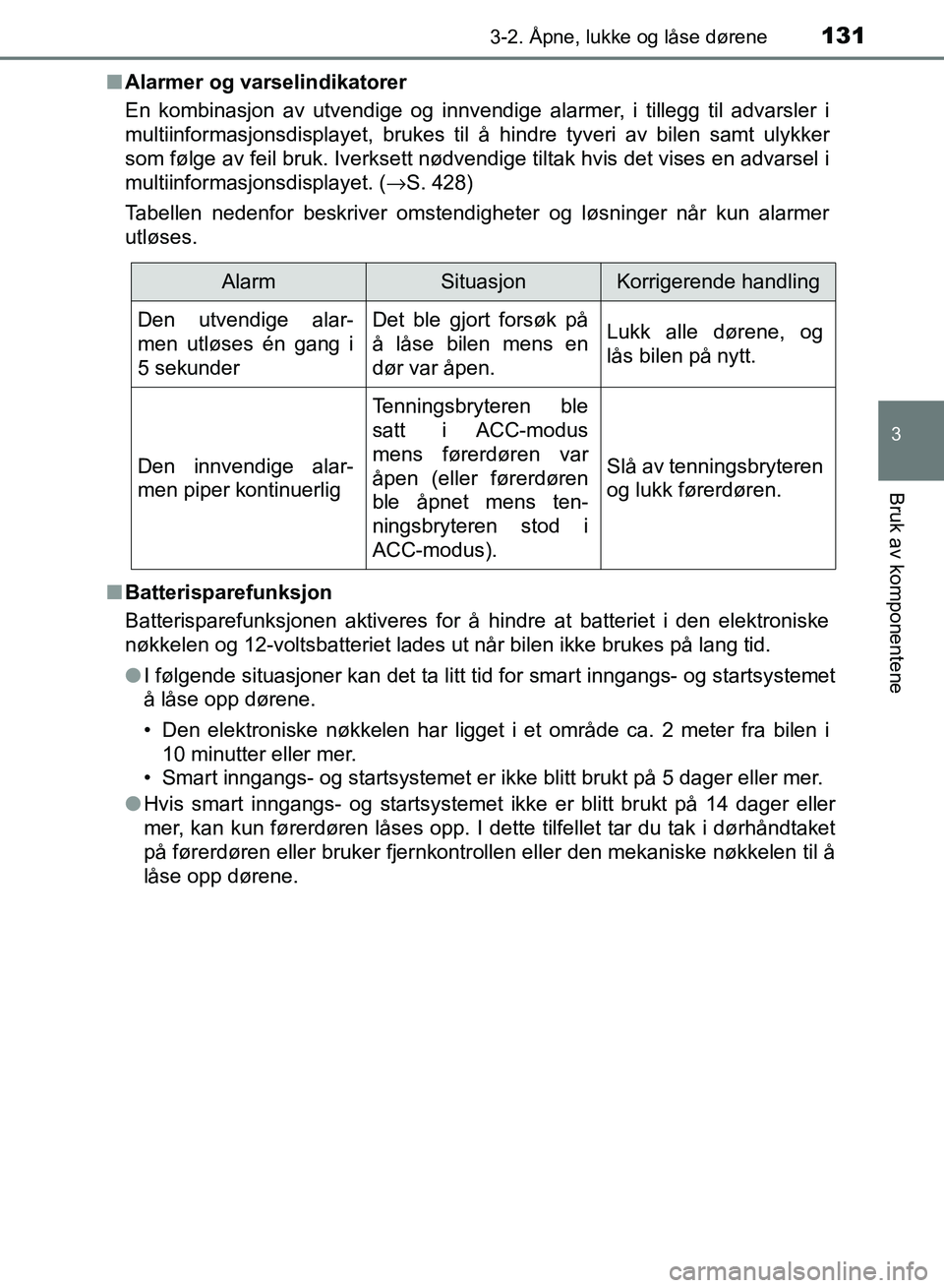 TOYOTA RAV4 2017 Instruksjoner for bruk (in Norwegian) 1313-2. Åpne, lukke og låse dørene
3
Bruk av komponentene
OM42B82NO■
Alarmer og varselindikatorer
En kombinasjon av utvendige og innvendige alarmer, i tillegg til advarsler i
multiinformasjonsdis TOYOTA RAV4 2017 Instruksjoner for bruk (in Norwegian) 1313-2. Åpne, lukke og låse dørene
3
Bruk av komponentene
OM42B82NO■
Alarmer og varselindikatorer
En kombinasjon av utvendige og innvendige alarmer, i tillegg til advarsler i
multiinformasjonsdis