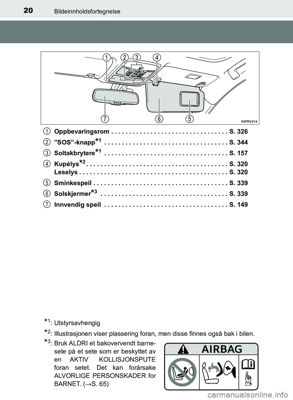 TOYOTA RAV4 2017  Instruksjoner for bruk (in Norwegian) 20Bildeinnholdsfortegnelse
OM42B82NOOppbevaringsrom . . . . . . . . . . . . . . . . . . . . . . . . . . . . . . . . . S. 326
”SOS”-knapp
*1 . . . . . . . . . . . . . . . . . . . . . . . . . . . . 