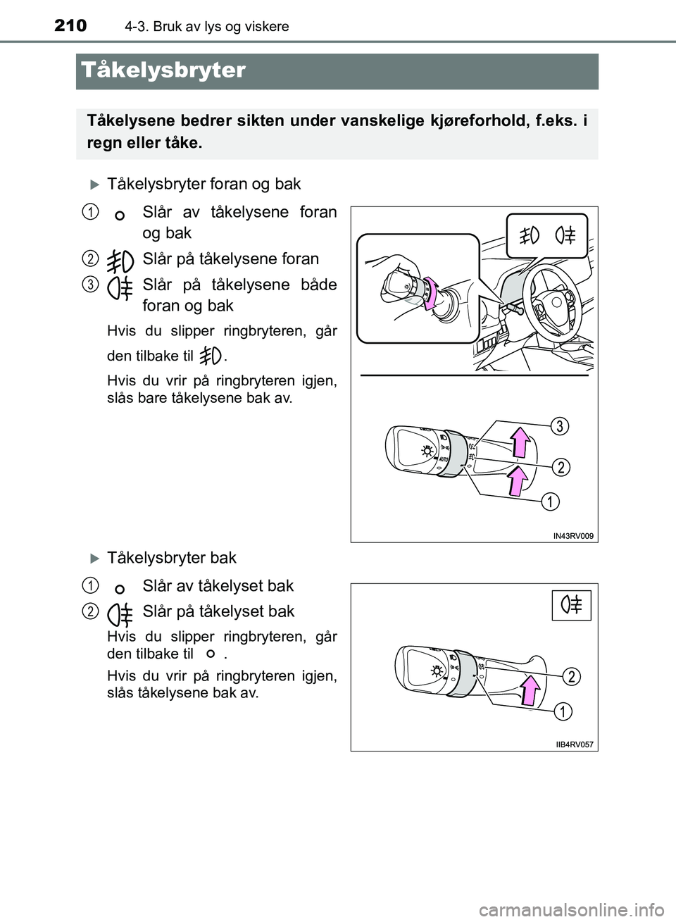 TOYOTA RAV4 2017 Instruksjoner for bruk (in Norwegian) 2104-3. Bruk av lys og viskere
OM42B82NO
Tåkelysbryter
Tåkelysbryter foran og bakSlår av tåkelysene foran
og bak
Slår på tåkelysene foran
Slår på tåkelysene både
foran og bak
Hvis du sli TOYOTA RAV4 2017 Instruksjoner for bruk (in Norwegian) 2104-3. Bruk av lys og viskere
OM42B82NO
Tåkelysbryter
Tåkelysbryter foran og bakSlår av tåkelysene foran
og bak
Slår på tåkelysene foran
Slår på tåkelysene både
foran og bak
Hvis du sli