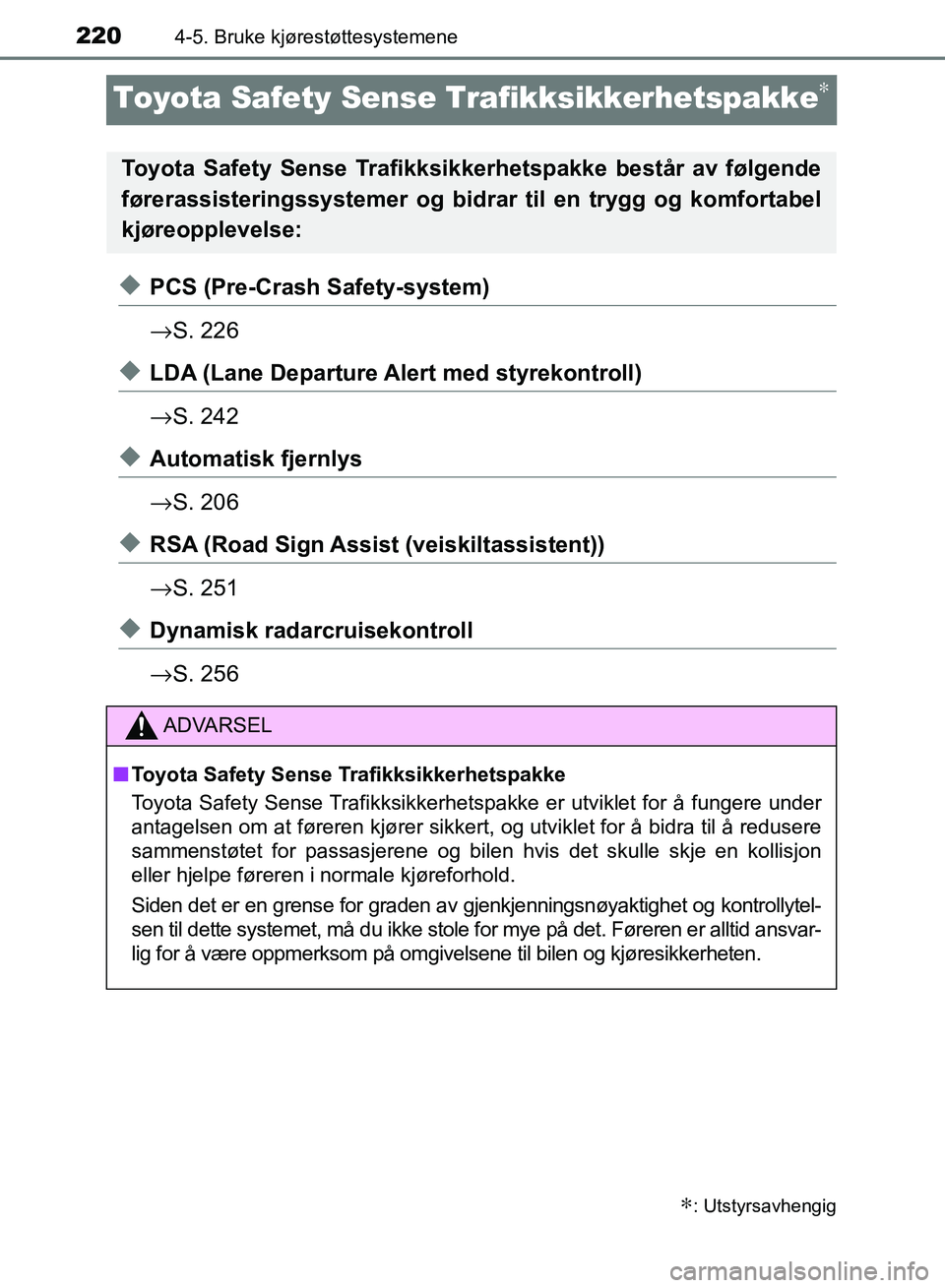 TOYOTA RAV4 2017 Instruksjoner for bruk (in Norwegian) 2204-5. Bruke kjørestøttesystemene
OM42B82NO
Toyota Safety Sense Trafikksikkerhetspakke∗
◆PCS (Pre-Crash Safety-system)
→S. 226
◆LDA (Lane Departure Al ert med styrekontroll)
→ S. 242
◆A TOYOTA RAV4 2017 Instruksjoner for bruk (in Norwegian) 2204-5. Bruke kjørestøttesystemene
OM42B82NO
Toyota Safety Sense Trafikksikkerhetspakke∗
◆PCS (Pre-Crash Safety-system)
→S. 226
◆LDA (Lane Departure Al ert med styrekontroll)
→ S. 242
◆A