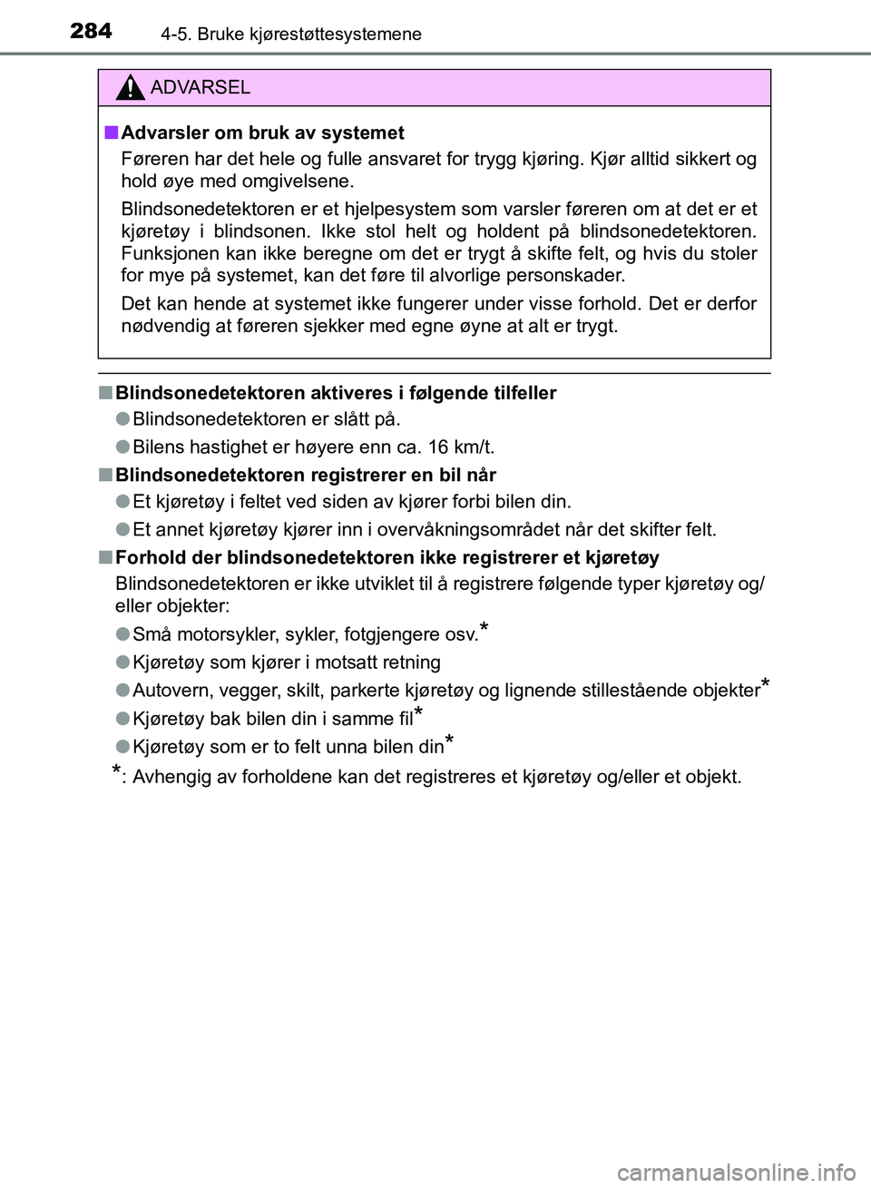 TOYOTA RAV4 2017 Instruksjoner for bruk (in Norwegian) 2844-5. Bruke kjørestøttesystemene
OM42B82NO
■Blindsonedetektoren aktiveres i følgende tilfeller
●Blindsonedetektoren er slått på.
● Bilens hastighet er høyere enn ca. 16 km/t.
■ Blindso TOYOTA RAV4 2017 Instruksjoner for bruk (in Norwegian) 2844-5. Bruke kjørestøttesystemene
OM42B82NO
■Blindsonedetektoren aktiveres i følgende tilfeller
●Blindsonedetektoren er slått på.
● Bilens hastighet er høyere enn ca. 16 km/t.
■ Blindso