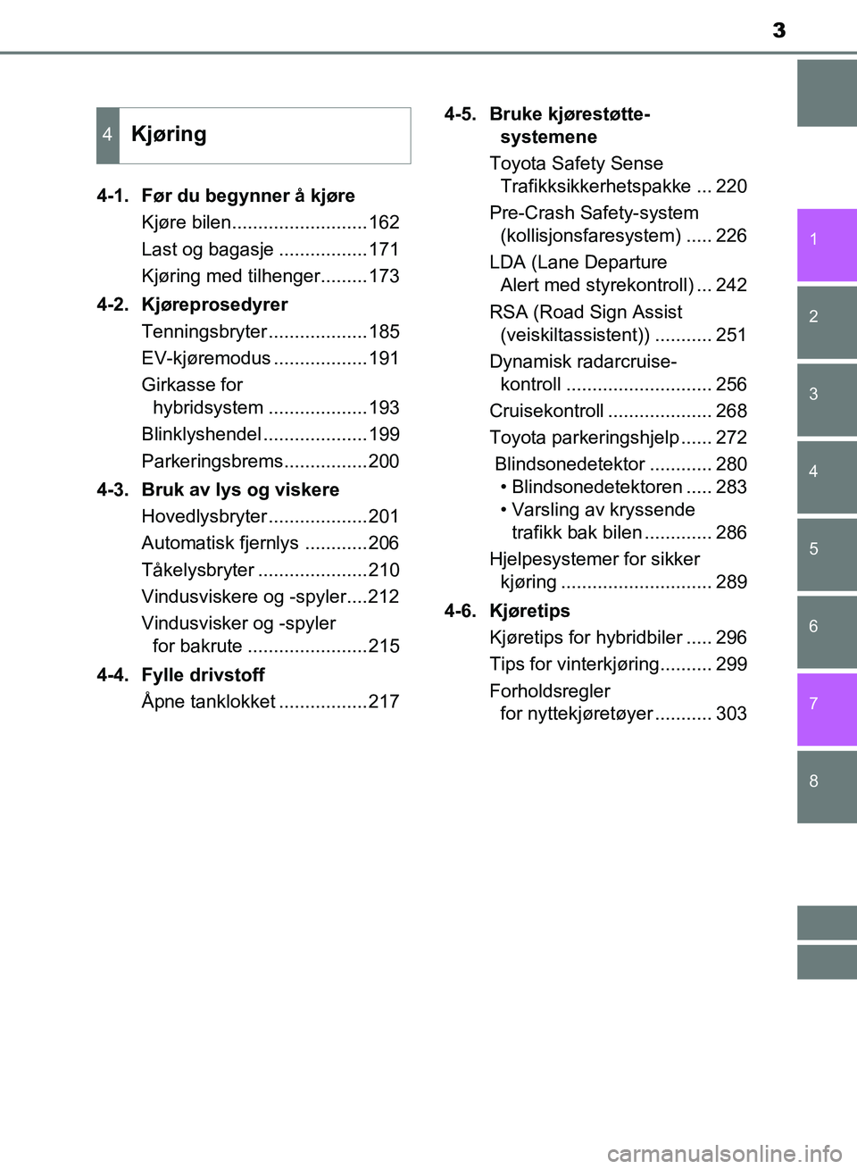 TOYOTA RAV4 2017 Instruksjoner for bruk (in Norwegian) 8 7
3
1
6 5
4
3
2
OM42B82NO4-1. Før du begynner å kjøre
Kjøre bilen..........................162
Last og bagasje .................171
Kjøring med tilhenger.........173
4-2. Kjøreprosedyrer Tenni TOYOTA RAV4 2017 Instruksjoner for bruk (in Norwegian) 8 7
3
1
6 5
4
3
2
OM42B82NO4-1. Før du begynner å kjøre
Kjøre bilen..........................162
Last og bagasje .................171
Kjøring med tilhenger.........173
4-2. Kjøreprosedyrer Tenni