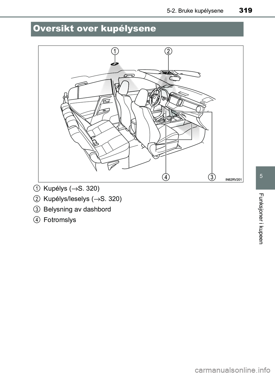 TOYOTA RAV4 2017 Instruksjoner for bruk (in Norwegian) 3195-2. Bruke kupélysene
OM42B82NO
5
Funksjoner i kupeen
Oversikt over kupélysene
Kupélys (→S. 320)
Kupélys/leselys ( →S. 320)
Belysning av dashbord
Fotromslys1
2
3
4
OM42B82NO.book Page 319 TOYOTA RAV4 2017 Instruksjoner for bruk (in Norwegian) 3195-2. Bruke kupélysene
OM42B82NO
5
Funksjoner i kupeen
Oversikt over kupélysene
Kupélys (→S. 320)
Kupélys/leselys ( →S. 320)
Belysning av dashbord
Fotromslys1
2
3
4
OM42B82NO.book Page 319