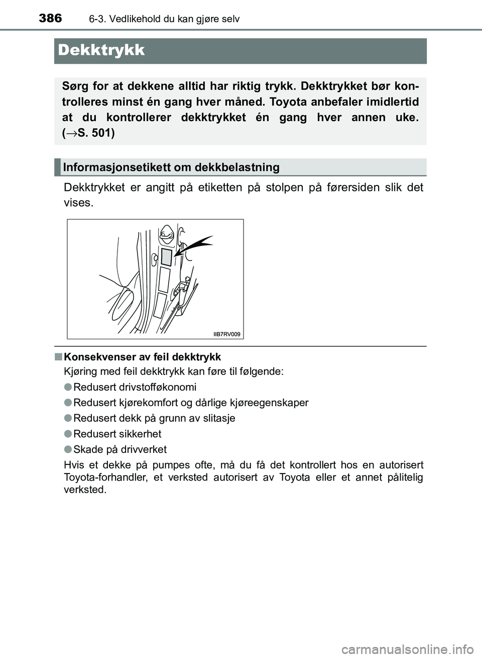 TOYOTA RAV4 2017 Instruksjoner for bruk (in Norwegian) 3866-3. Vedlikehold du kan gjøre selv
OM42B82NO
Dekktrykk
Dekktrykket er angitt på etiketten på stolpen på førersiden slik det
vises.
■Konsekvenser av feil dekktrykk
Kjøring med feil dekktrykk TOYOTA RAV4 2017 Instruksjoner for bruk (in Norwegian) 3866-3. Vedlikehold du kan gjøre selv
OM42B82NO
Dekktrykk
Dekktrykket er angitt på etiketten på stolpen på førersiden slik det
vises.
■Konsekvenser av feil dekktrykk
Kjøring med feil dekktrykk