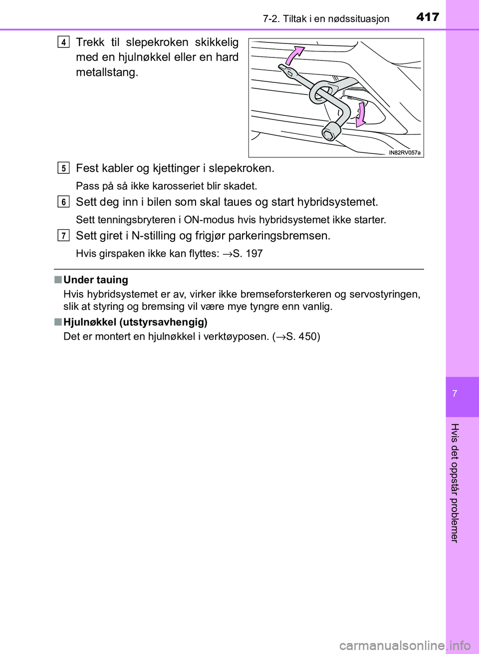 TOYOTA RAV4 2017 Instruksjoner for bruk (in Norwegian) 4177-2. Tiltak i en nødssituasjon
OM42B82NO
7
Hvis det oppstår problemer
Trekk til slepekroken skikkelig
med en hjulnøkkel eller en hard
metallstang.
Fest kabler og kjettinger i slepekroken.
Pass p TOYOTA RAV4 2017 Instruksjoner for bruk (in Norwegian) 4177-2. Tiltak i en nødssituasjon
OM42B82NO
7
Hvis det oppstår problemer
Trekk til slepekroken skikkelig
med en hjulnøkkel eller en hard
metallstang.
Fest kabler og kjettinger i slepekroken.
Pass p
