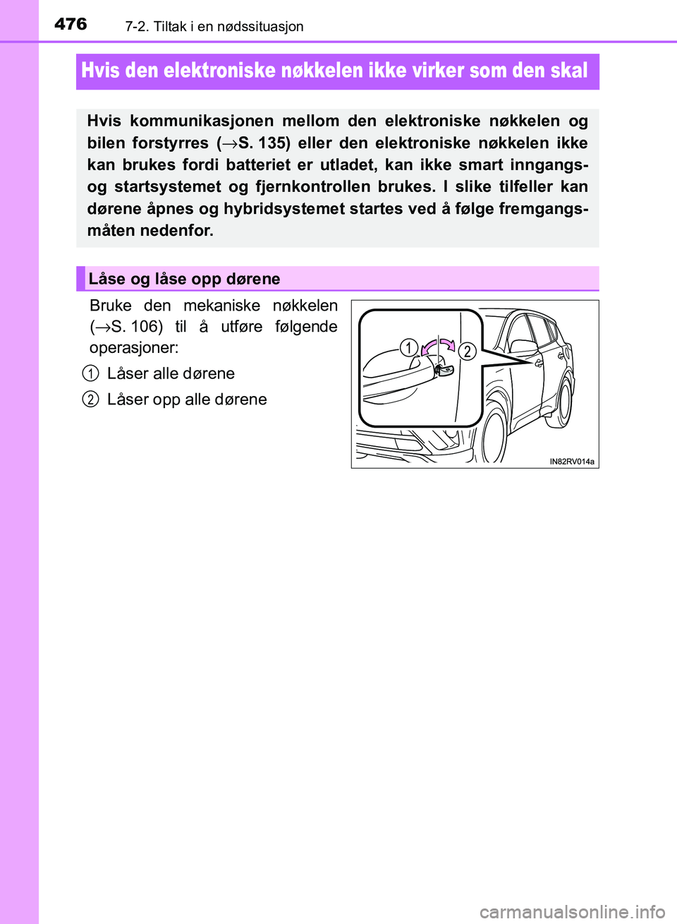 TOYOTA RAV4 2017 Instruksjoner for bruk (in Norwegian) 4767-2. Tiltak i en nødssituasjon
OM42B82NO
Hvis den elektroniske nøkkelen ikke virker som den skal
Bruke den mekaniske nøkkelen
(→ S. 106) til å utføre følgende
operasjoner:
Låser alle døre TOYOTA RAV4 2017 Instruksjoner for bruk (in Norwegian) 4767-2. Tiltak i en nødssituasjon
OM42B82NO
Hvis den elektroniske nøkkelen ikke virker som den skal
Bruke den mekaniske nøkkelen
(→ S. 106) til å utføre følgende
operasjoner:
Låser alle døre