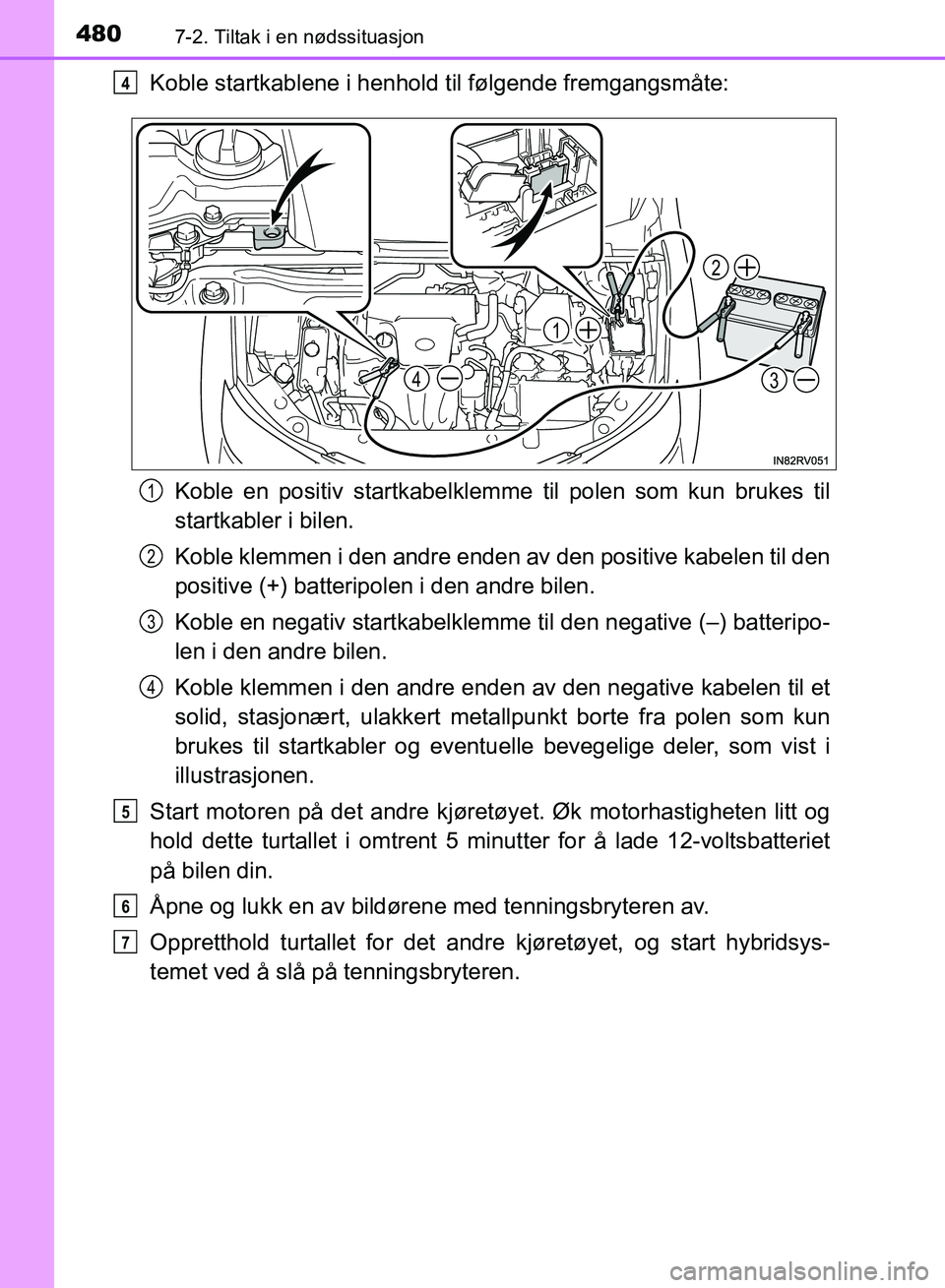 TOYOTA RAV4 2017 Instruksjoner for bruk (in Norwegian) 4807-2. Tiltak i en nødssituasjon
OM42B82NO
Koble startkablene i henhold til følgende fremgangsmåte:Koble en positiv startkabelklemme til polen som kun brukes til
startkabler i bilen.
Koble klemme TOYOTA RAV4 2017 Instruksjoner for bruk (in Norwegian) 4807-2. Tiltak i en nødssituasjon
OM42B82NO
Koble startkablene i henhold til følgende fremgangsmåte:Koble en positiv startkabelklemme til polen som kun brukes til
startkabler i bilen.
Koble klemme