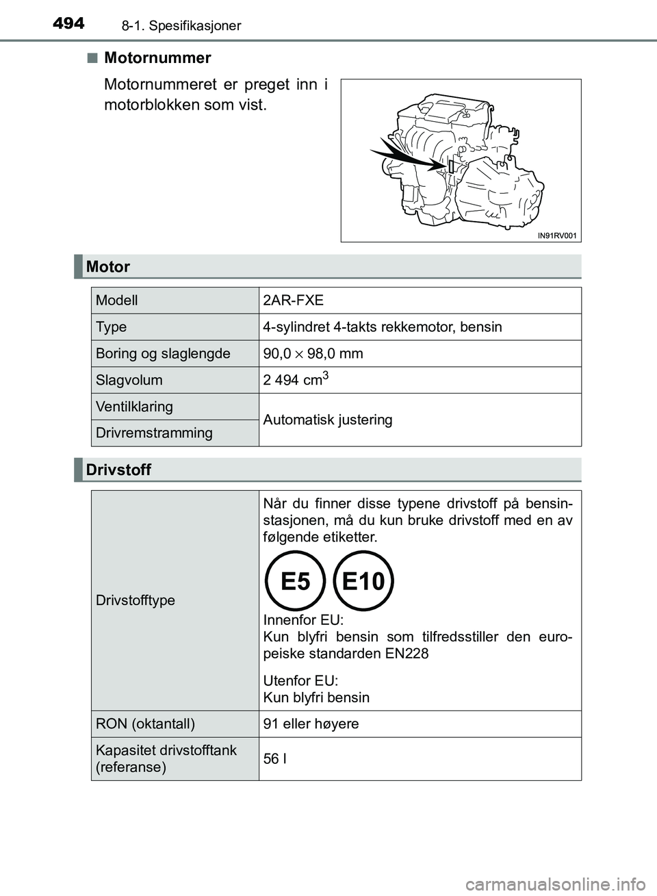 TOYOTA RAV4 2017  Instruksjoner for bruk (in Norwegian) 4948-1. Spesifikasjoner
OM42B82NO■
Motornummer
Motornummeret er preget inn i
motorblokken som vist.
Motor
Modell2AR-FXE
Ty p e4-sylindret 4-takts rekkemotor, bensin
Boring og slaglengde90,0 ×
 98,0