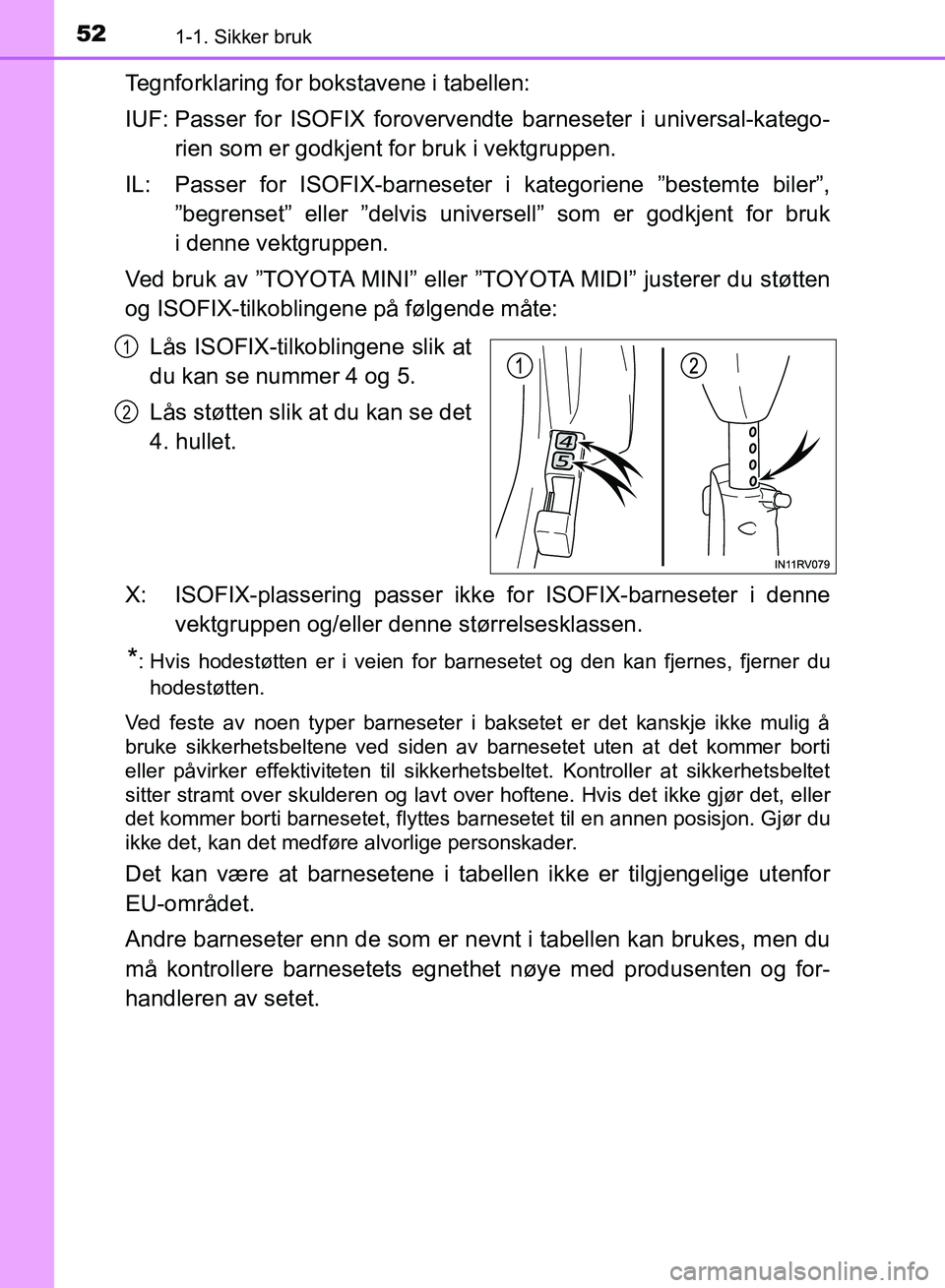 TOYOTA RAV4 2017 Instruksjoner for bruk (in Norwegian) 521-1. Sikker bruk
OM42B82NO
Tegnforklaring for bokstavene i tabellen:
IUF: Passer for ISOFIX forovervendte barneseter i universal-katego-rien som er godkjent for bruk i vektgruppen.
IL: Passer for IS TOYOTA RAV4 2017 Instruksjoner for bruk (in Norwegian) 521-1. Sikker bruk
OM42B82NO
Tegnforklaring for bokstavene i tabellen:
IUF: Passer for ISOFIX forovervendte barneseter i universal-katego-rien som er godkjent for bruk i vektgruppen.
IL: Passer for IS