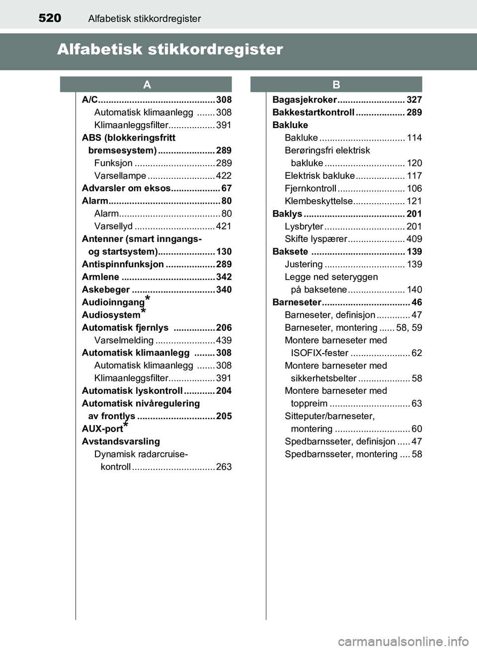 TOYOTA RAV4 2017  Instruksjoner for bruk (in Norwegian) 520Alfabetisk stikkordregister
OM42B82NO
Alfabetisk st ikkordregister
A/C............................................. 308
Automatisk klimaanlegg  ....... 308
Klimaanleggsfilter.................. 391
