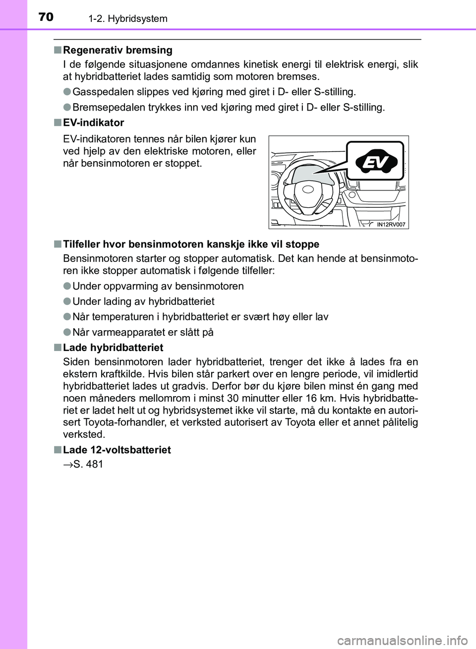 TOYOTA RAV4 2017 Instruksjoner for bruk (in Norwegian) 701-2. Hybridsystem
OM42B82NO
■Regenerativ bremsing
I de følgende situasjonene omdannes kinetisk energi til elektrisk energi, slik
at hybridbatteriet lades samtidig som motoren bremses.
●Gasspeda TOYOTA RAV4 2017 Instruksjoner for bruk (in Norwegian) 701-2. Hybridsystem
OM42B82NO
■Regenerativ bremsing
I de følgende situasjonene omdannes kinetisk energi til elektrisk energi, slik
at hybridbatteriet lades samtidig som motoren bremses.
●Gasspeda