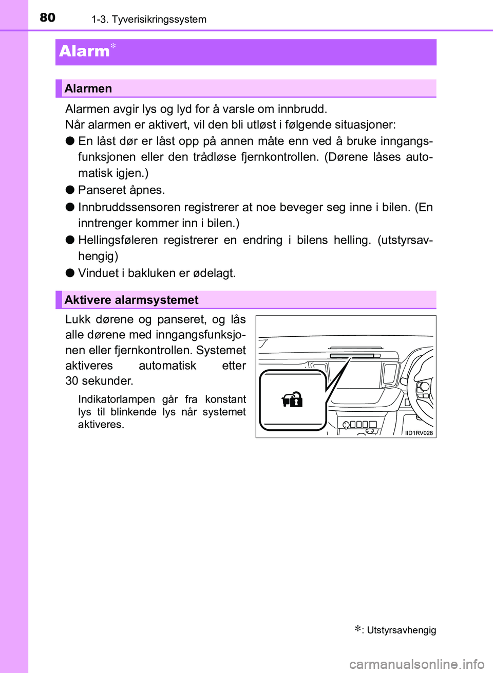 TOYOTA RAV4 2017 Instruksjoner for bruk (in Norwegian) 801-3. Tyverisikringssystem
OM42B82NO
Alarm∗
Alarmen avgir lys og lyd for å varsle om innbrudd.
Når alarmen er aktivert, vil den bli utløst i følgende situasjoner:
●En låst dør er låst opp TOYOTA RAV4 2017 Instruksjoner for bruk (in Norwegian) 801-3. Tyverisikringssystem
OM42B82NO
Alarm∗
Alarmen avgir lys og lyd for å varsle om innbrudd.
Når alarmen er aktivert, vil den bli utløst i følgende situasjoner:
●En låst dør er låst opp