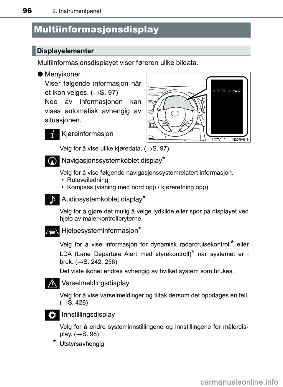 TOYOTA RAV4 2017 Instruksjoner for bruk (in Norwegian) 962. Instrumentpanel
OM42B82NO
Multiinformasjonsdisplay
Multiinformasjonsdisplayet viser føreren ulike bildata.
● Menyikoner
Viser følgende informasjon når
et ikon velges. ( →S. 97)
Noe av in TOYOTA RAV4 2017 Instruksjoner for bruk (in Norwegian) 962. Instrumentpanel
OM42B82NO
Multiinformasjonsdisplay
Multiinformasjonsdisplayet viser føreren ulike bildata.
● Menyikoner
Viser følgende informasjon når
et ikon velges. ( →S. 97)
Noe av in