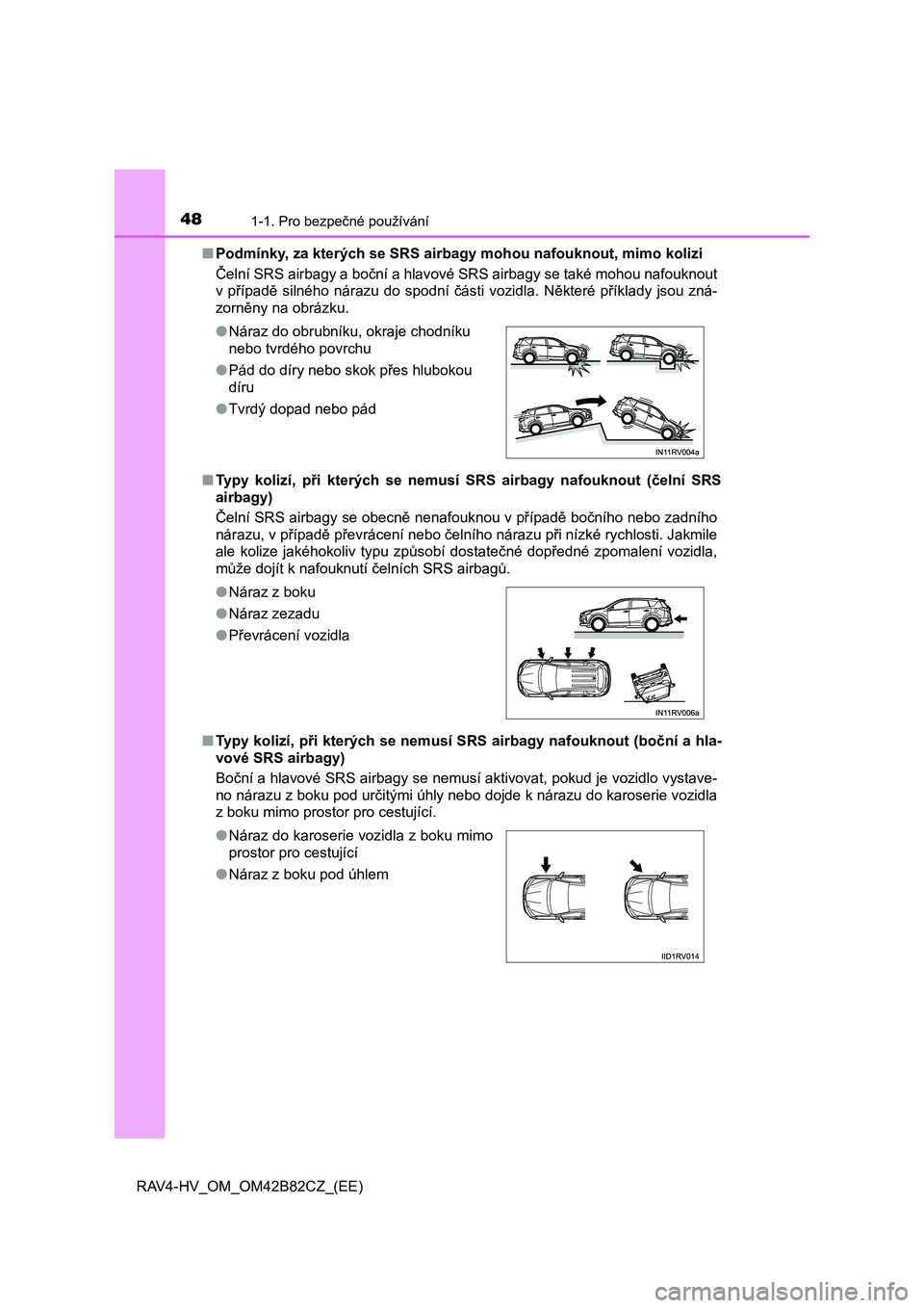 TOYOTA RAV4 2017 Návod na použití (in Czech) 481-1. Pro bezpečné používání
RAV4-HV_OM_OM42B82CZ_(EE)■Podmínky, za kterých se SRS airbagy mohou nafouknout, mimo kolizi
Čelní SRS airbagy a boční a hlavové SRS airbagy se také mohou TOYOTA RAV4 2017 Návod na použití (in Czech) 481-1. Pro bezpečné používání
RAV4-HV_OM_OM42B82CZ_(EE)■Podmínky, za kterých se SRS airbagy mohou nafouknout, mimo kolizi
Čelní SRS airbagy a boční a hlavové SRS airbagy se také mohou