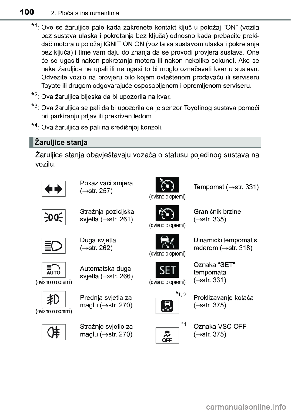 TOYOTA RAV4 2016 Upute Za Rukovanje (in Croatian) 1002. Ploča s instrumentima
*1: Ove se žaruljice pale kada zakrenete kontakt ključ u položaj “ON” (vozila
bez sustava ulaska i pokretanja bez ključa) odnosno kada prebacite preki-
TOYOTA RAV4 2016 Upute Za Rukovanje (in Croatian) 1002. Ploča s instrumentima
*1: Ove se žaruljice pale kada zakrenete kontakt ključ u položaj “ON” (vozila
bez sustava ulaska i pokretanja bez ključa) odnosno kada prebacite preki-