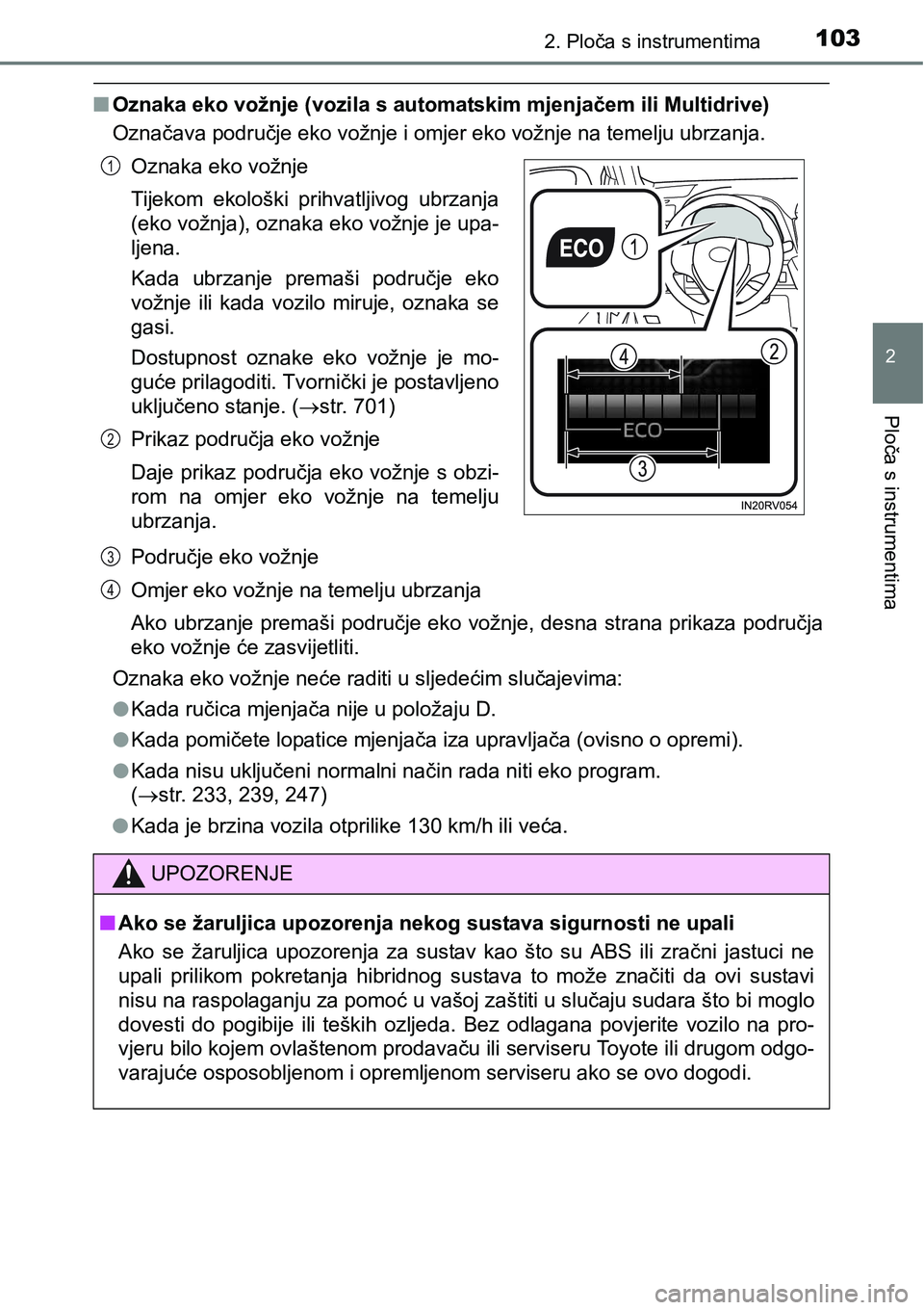TOYOTA RAV4 2016 Upute Za Rukovanje (in Croatian) 1032. Ploča s instrumentima
2
Ploča s instrumentima
nOznaka eko vožnje (vozila s automatskim mjenjačem ili Multidrive)
Označava područje eko vožnje i omjer eko vožnje na temelju ubrzanja.
Podr TOYOTA RAV4 2016 Upute Za Rukovanje (in Croatian) 1032. Ploča s instrumentima
2
Ploča s instrumentima
nOznaka eko vožnje (vozila s automatskim mjenjačem ili Multidrive)
Označava područje eko vožnje i omjer eko vožnje na temelju ubrzanja.
Podr