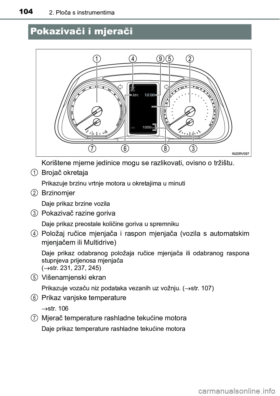 TOYOTA RAV4 2016 Upute Za Rukovanje (in Croatian) 1042. Ploča s instrumentima
Pokazivači i mjerači
Korištene mjerne jedinice mogu se razlikovati, ovisno o tržištu.
Brojač okretaja
Prikazuje brzinu vrtnje motora u okretajima u minuti
Brzinomjer TOYOTA RAV4 2016 Upute Za Rukovanje (in Croatian) 1042. Ploča s instrumentima
Pokazivači i mjerači
Korištene mjerne jedinice mogu se razlikovati, ovisno o tržištu.
Brojač okretaja
Prikazuje brzinu vrtnje motora u okretajima u minuti
Brzinomjer