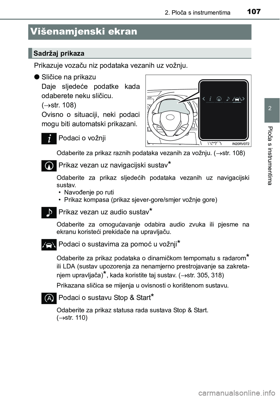 TOYOTA RAV4 2016 Upute Za Rukovanje (in Croatian) 107
2
2. Ploča s instrumentima
Ploča s instrumentima
Višenamjenski ekran
Prikazuje vozaču niz podataka vezanih uz vožnju.
lSličice na prikazu
Daje sljedeće podatke kada
odaberete neku slič TOYOTA RAV4 2016 Upute Za Rukovanje (in Croatian) 107
2
2. Ploča s instrumentima
Ploča s instrumentima
Višenamjenski ekran
Prikazuje vozaču niz podataka vezanih uz vožnju.
lSličice na prikazu
Daje sljedeće podatke kada
odaberete neku slič
