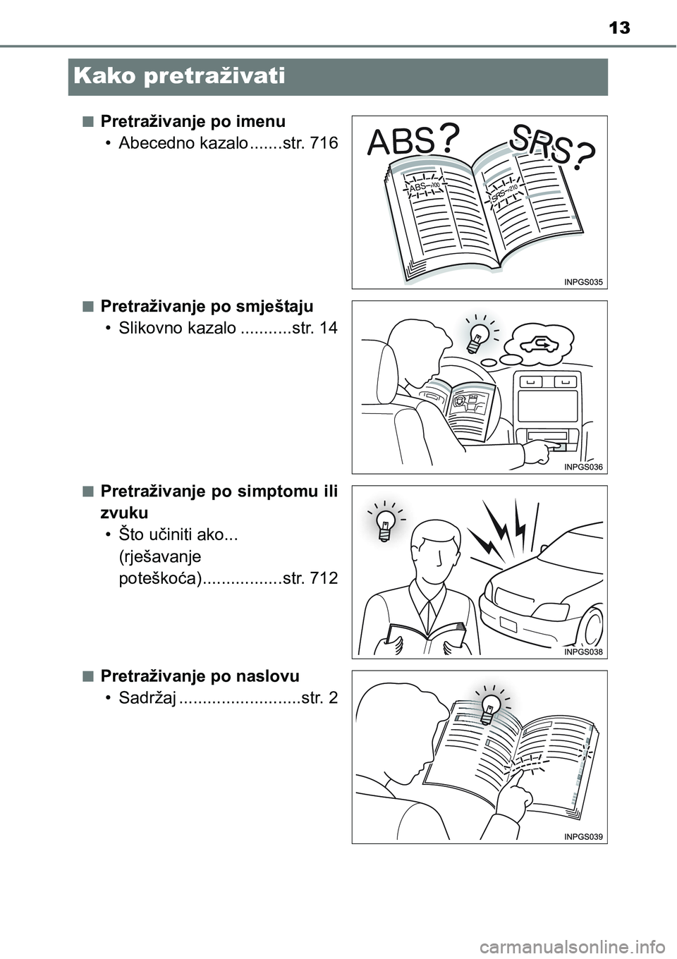 TOYOTA RAV4 2016 Upute Za Rukovanje (in Croatian) 13
Kako pretraživati
nPretraživanje po imenu
• Abecedno kazalo.......str. 716
nPretraživanje po smještaju
• Slikovno kazalo ...........str. 14
nPretraživanje po simptomu ili
zvuku
• Što TOYOTA RAV4 2016 Upute Za Rukovanje (in Croatian) 13
Kako pretraživati
nPretraživanje po imenu
• Abecedno kazalo.......str. 716
nPretraživanje po smještaju
• Slikovno kazalo ...........str. 14
nPretraživanje po simptomu ili
zvuku
• Što