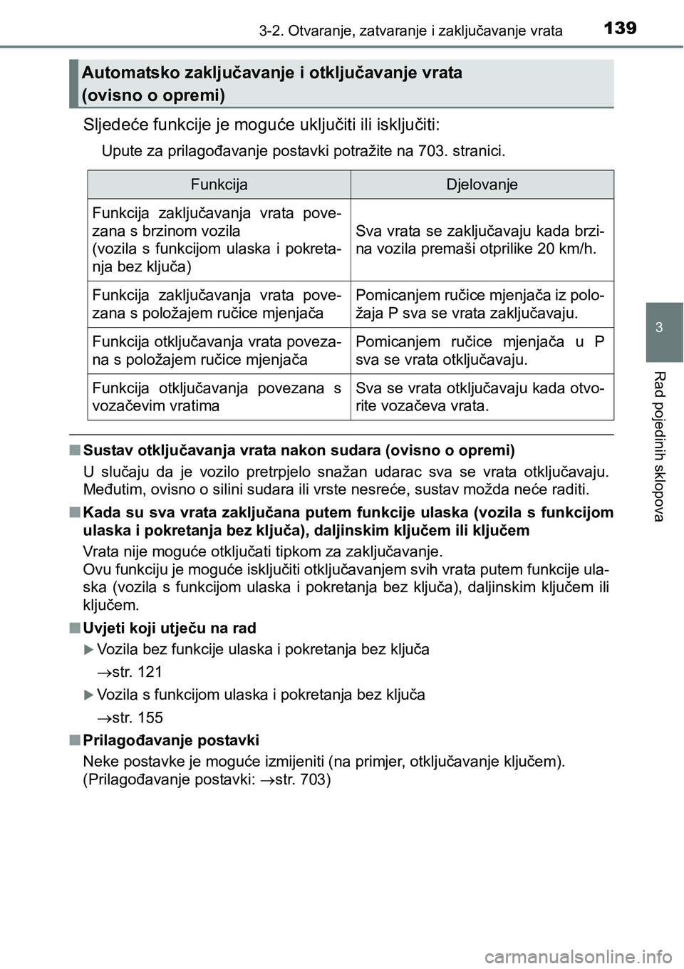 TOYOTA RAV4 2016 Upute Za Rukovanje (in Croatian) 1393-2. Otvaranje, zatvaranje i zaključavanje vrata
3
Rad pojedinih sklopova
Sljedeće funkcije je moguće uključiti ili isključiti:
Upute za prilagođavanje postavki potražite na 703. stranici.
n TOYOTA RAV4 2016 Upute Za Rukovanje (in Croatian) 1393-2. Otvaranje, zatvaranje i zaključavanje vrata
3
Rad pojedinih sklopova
Sljedeće funkcije je moguće uključiti ili isključiti:
Upute za prilagođavanje postavki potražite na 703. stranici.
n