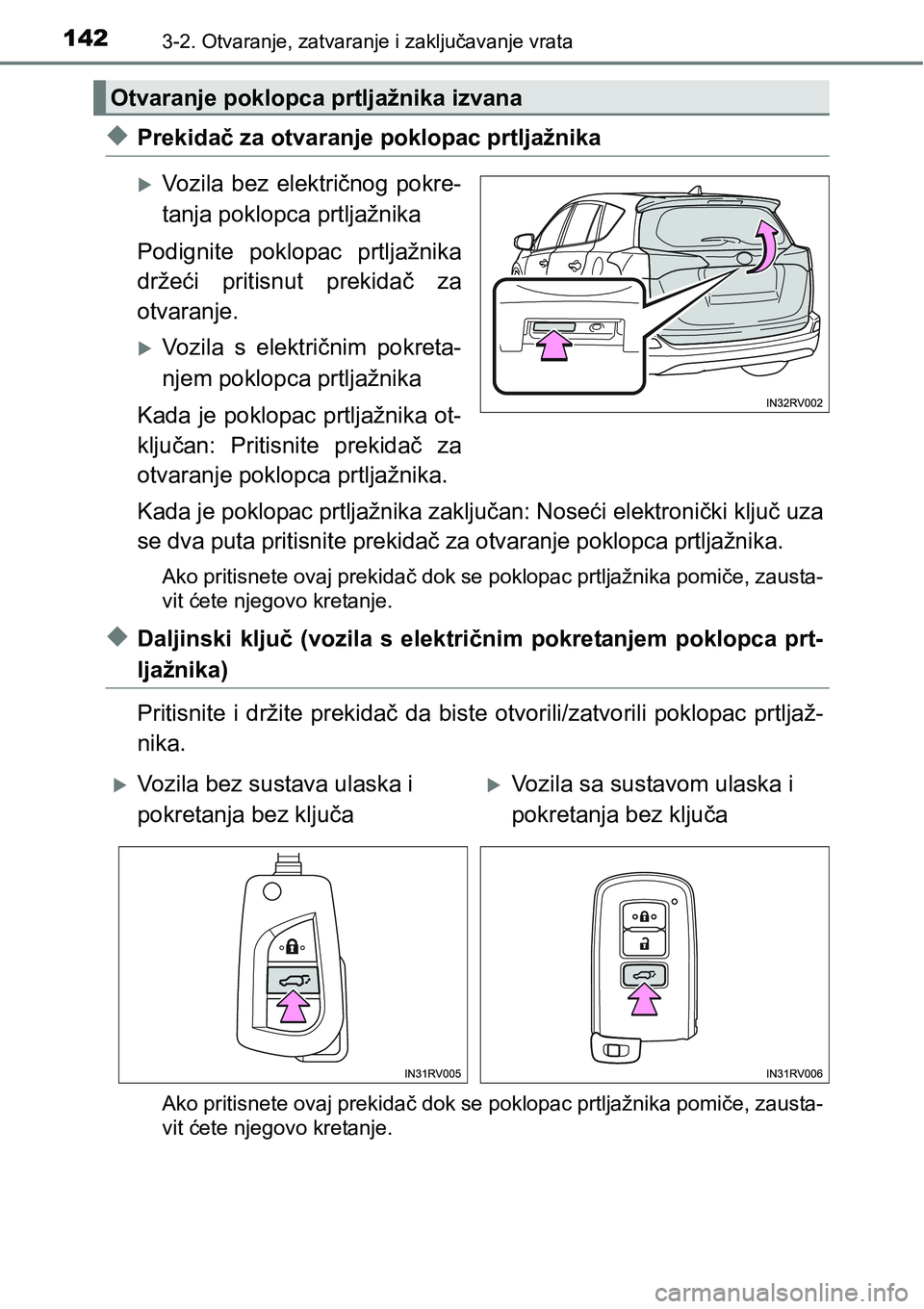 TOYOTA RAV4 2016 Upute Za Rukovanje (in Croatian) 1423-2. Otvaranje, zatvaranje i zaključavanje vrata
uPrekidač za otvaranje poklopac prtljažnika
Vozila bez električnog pokre-
tanja poklopca prtljažnika
Podignite poklopac prtljažnika
drže TOYOTA RAV4 2016 Upute Za Rukovanje (in Croatian) 1423-2. Otvaranje, zatvaranje i zaključavanje vrata
uPrekidač za otvaranje poklopac prtljažnika
Vozila bez električnog pokre-
tanja poklopca prtljažnika
Podignite poklopac prtljažnika
drže