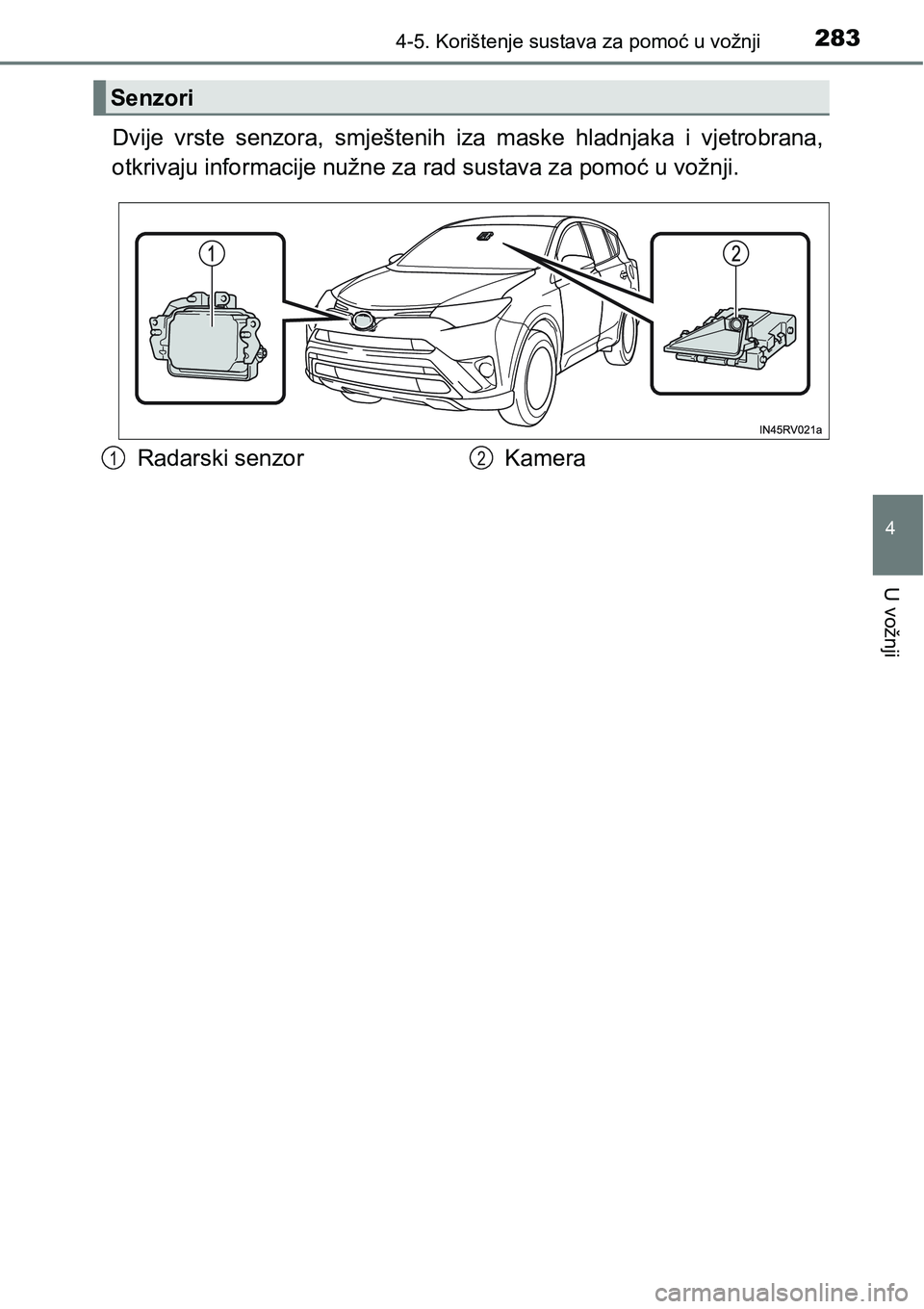 TOYOTA RAV4 2016 Upute Za Rukovanje (in Croatian) 2834-5. Korištenje sustava za pomoć u vožnji
4
U vožnji
Dvije vrste senzora, smještenih iza maske hladnjaka i vjetrobrana,
otkrivaju informacije nužne za rad sustava za pomoć u vožnji.
TOYOTA RAV4 2016 Upute Za Rukovanje (in Croatian) 2834-5. Korištenje sustava za pomoć u vožnji
4
U vožnji
Dvije vrste senzora, smještenih iza maske hladnjaka i vjetrobrana,
otkrivaju informacije nužne za rad sustava za pomoć u vožnji.