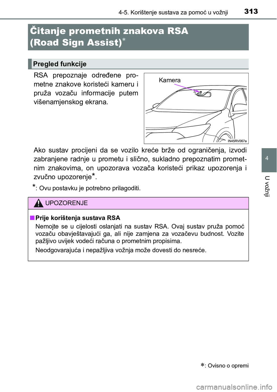 TOYOTA RAV4 2016 Upute Za Rukovanje (in Croatian) 313
4
4-5. Korištenje sustava za pomoć u vožnji
U vožnji
Čitanje prometnih znakova RSA
(Road Sign Assist)
RSA prepoznaje određene pro-
metne znakove koristeći kameru i
pruža voza TOYOTA RAV4 2016 Upute Za Rukovanje (in Croatian) 313
4
4-5. Korištenje sustava za pomoć u vožnji
U vožnji
Čitanje prometnih znakova RSA
(Road Sign Assist)
RSA prepoznaje određene pro-
metne znakove koristeći kameru i
pruža voza