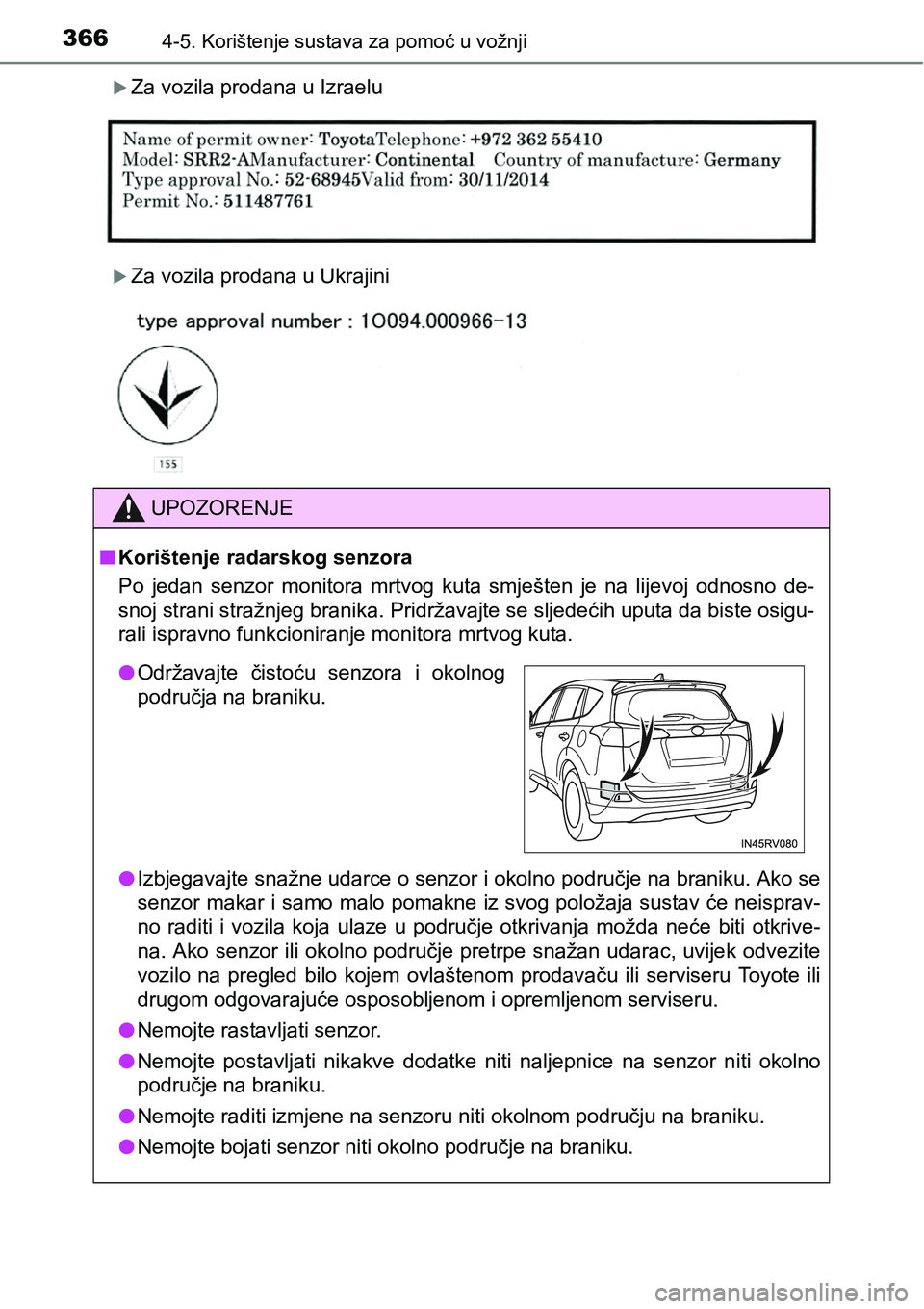 TOYOTA RAV4 2016 Upute Za Rukovanje (in Croatian) 3664-5. Korištenje sustava za pomoć u vožnji
Za vozila prodana u Izraelu
Za vozila prodana u Ukrajini
UPOZORENJE
nKorištenje radarskog senzora
Po jedan senzor monitora mrtvog kuta smje TOYOTA RAV4 2016 Upute Za Rukovanje (in Croatian) 3664-5. Korištenje sustava za pomoć u vožnji
Za vozila prodana u Izraelu
Za vozila prodana u Ukrajini
UPOZORENJE
nKorištenje radarskog senzora
Po jedan senzor monitora mrtvog kuta smje