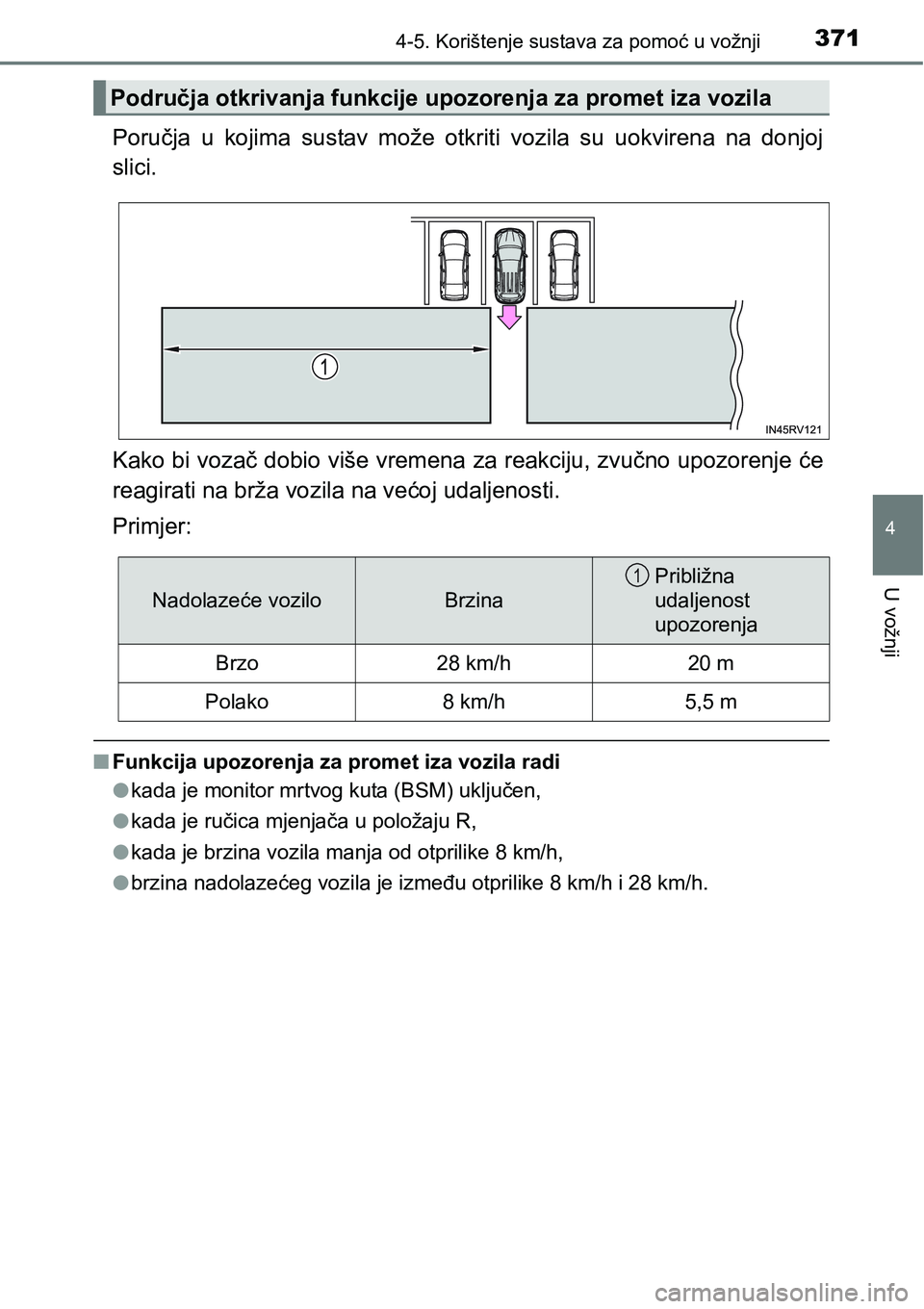 TOYOTA RAV4 2016 Upute Za Rukovanje (in Croatian) 3714-5. Korištenje sustava za pomoć u vožnji
4
U vožnji
Poručja u kojima sustav može otkriti vozila su uokvirena na donjoj
slici.
Kako bi vozač dobio više vremena za reakciju, zvučn TOYOTA RAV4 2016 Upute Za Rukovanje (in Croatian) 3714-5. Korištenje sustava za pomoć u vožnji
4
U vožnji
Poručja u kojima sustav može otkriti vozila su uokvirena na donjoj
slici.
Kako bi vozač dobio više vremena za reakciju, zvučn