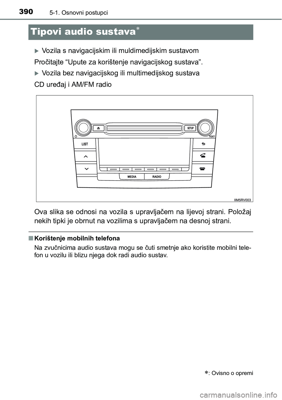 TOYOTA RAV4 2016 Upute Za Rukovanje (in Croatian) 3905-1. Osnovni postupci
Tipovi audio sustava
Vozila s navigacijskim ili muldimedijskim sustavom
Pročitajte “Upute za korištenje navigacijskog sustava”.
Vozila bez navigacijskog ili mul TOYOTA RAV4 2016 Upute Za Rukovanje (in Croatian) 3905-1. Osnovni postupci
Tipovi audio sustava
Vozila s navigacijskim ili muldimedijskim sustavom
Pročitajte “Upute za korištenje navigacijskog sustava”.
Vozila bez navigacijskog ili mul