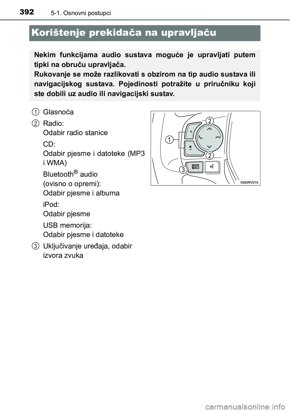 TOYOTA RAV4 2016 Upute Za Rukovanje (in Croatian) 3925-1. Osnovni postupci
Korištenje prekidača na upravljaču
Glasnoća
Radio:
Odabir radio stanice
CD:
Odabir pjesme i datoteke (MP3
i WMA)
Bluetooth
® audio
(ovisno o opremi):
Odabir pjesme TOYOTA RAV4 2016 Upute Za Rukovanje (in Croatian) 3925-1. Osnovni postupci
Korištenje prekidača na upravljaču
Glasnoća
Radio:
Odabir radio stanice
CD:
Odabir pjesme i datoteke (MP3
i WMA)
Bluetooth
® audio
(ovisno o opremi):
Odabir pjesme