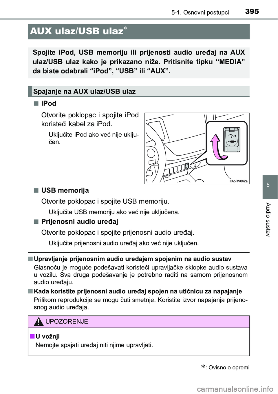 TOYOTA RAV4 2016 Upute Za Rukovanje (in Croatian) 395
5
5-1. Osnovni postupci
Audio sustav
AUX ulaz/USB ulaz
niPod
Otvorite poklopac i spojite iPod
koristeći kabel za iPod.
Uključite iPod ako već nije uklju-
čen.
n
USB memorija
Otvorite po TOYOTA RAV4 2016 Upute Za Rukovanje (in Croatian) 395
5
5-1. Osnovni postupci
Audio sustav
AUX ulaz/USB ulaz
niPod
Otvorite poklopac i spojite iPod
koristeći kabel za iPod.
Uključite iPod ako već nije uklju-
čen.
n
USB memorija
Otvorite po