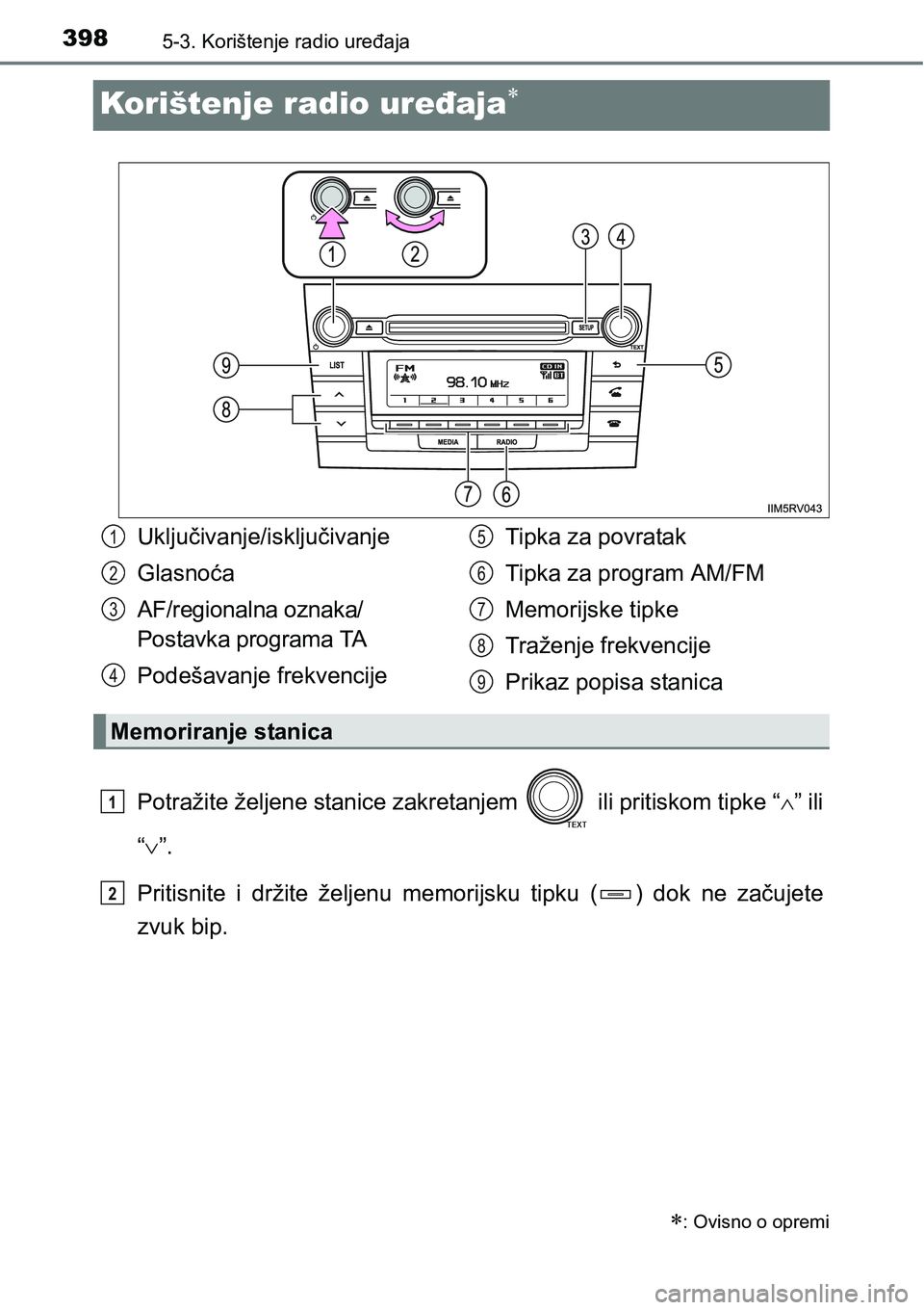 TOYOTA RAV4 2016 Upute Za Rukovanje (in Croatian) 3985-3. Korištenje radio uređaja
Korištenje radio uređaja
Potražite željene stanice zakretanjem ili pritiskom tipke “” ili
“”.
Pritisnite i držite željenu memorijsku ti TOYOTA RAV4 2016 Upute Za Rukovanje (in Croatian) 3985-3. Korištenje radio uređaja
Korištenje radio uređaja
Potražite željene stanice zakretanjem ili pritiskom tipke “” ili
“”.
Pritisnite i držite željenu memorijsku ti